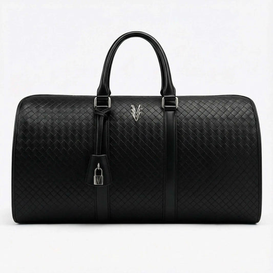 Black quilted leather duffel bag with a brand logo on a white background