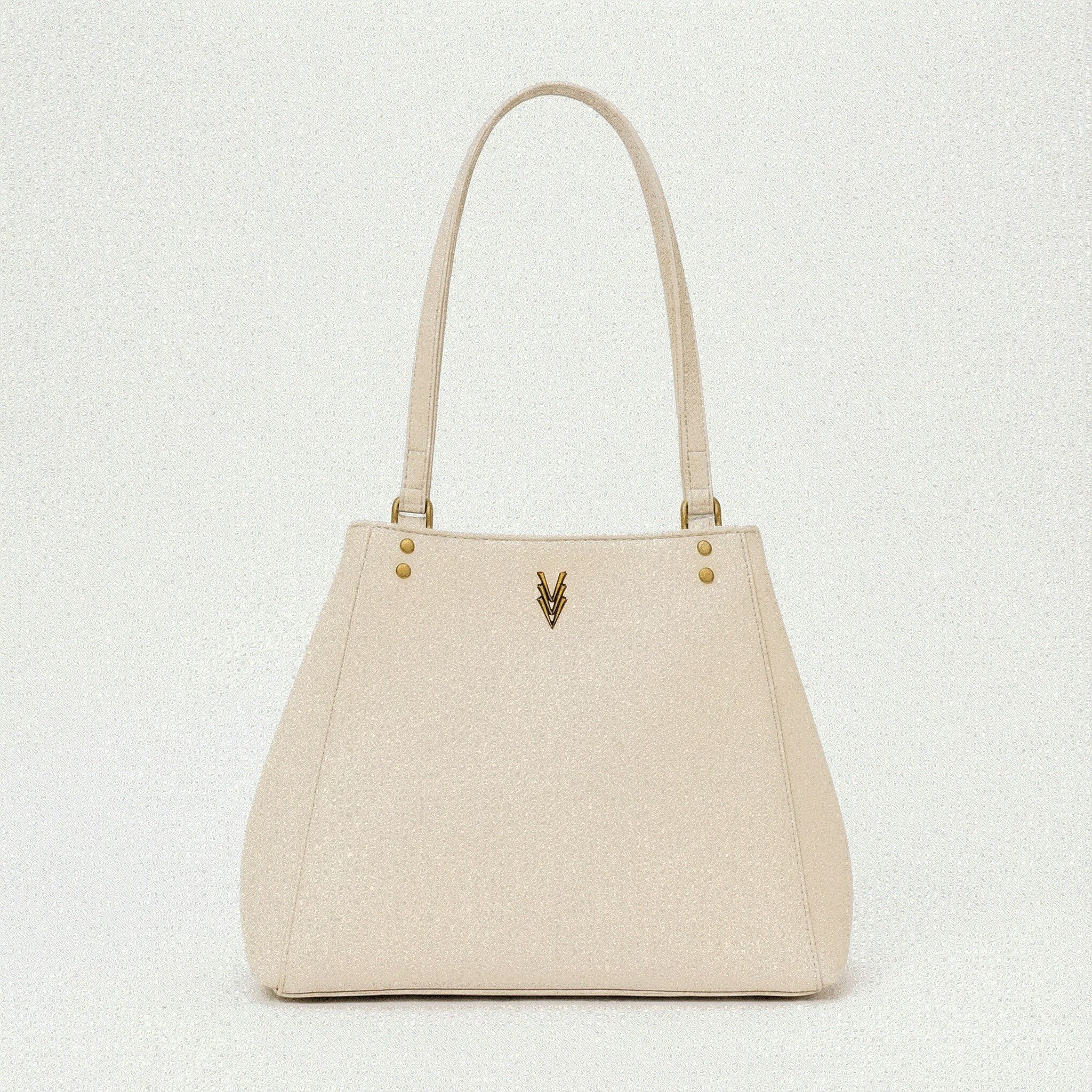 Beige handbag with a gold logo on a light gray background