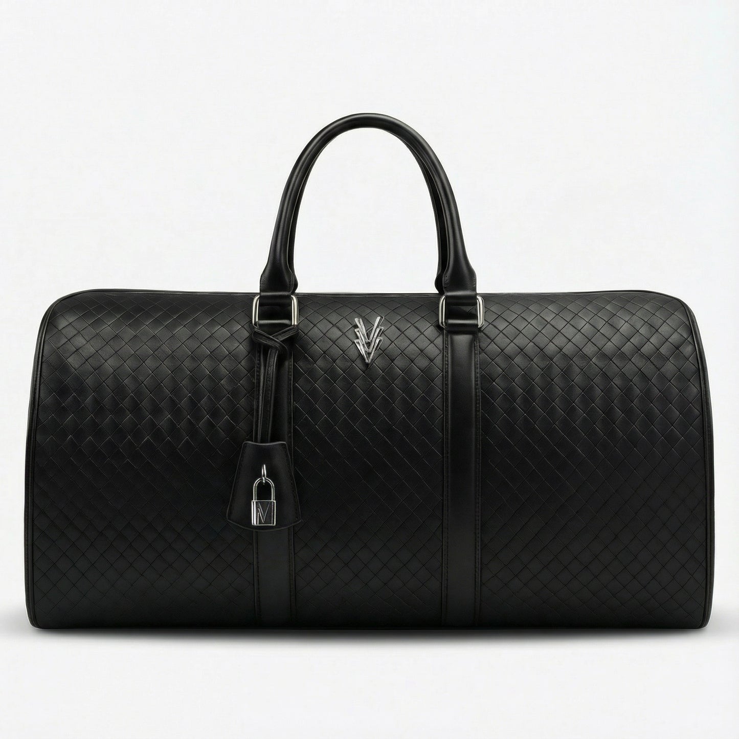 Black woven leather duffel bag on a light gray background