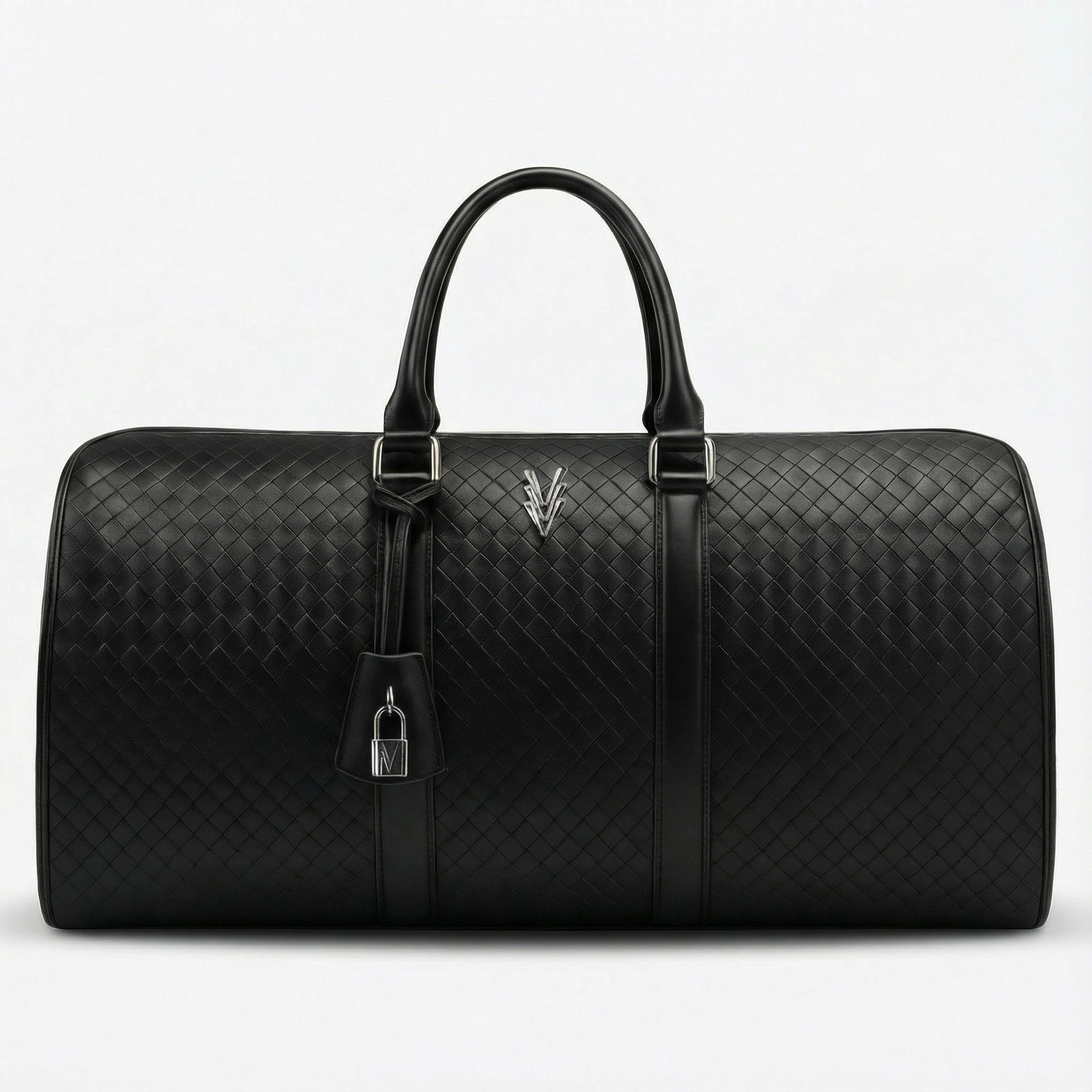 Black woven leather duffel bag on a light gray background