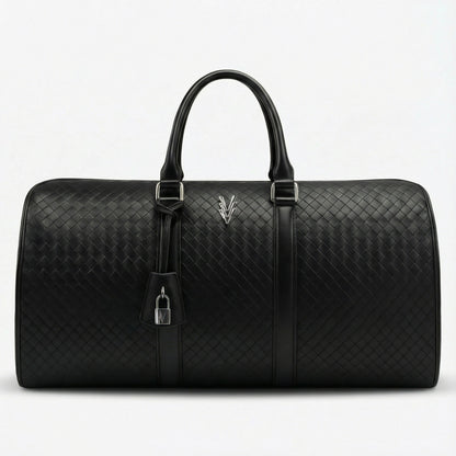 Black woven leather duffel bag on a light gray background