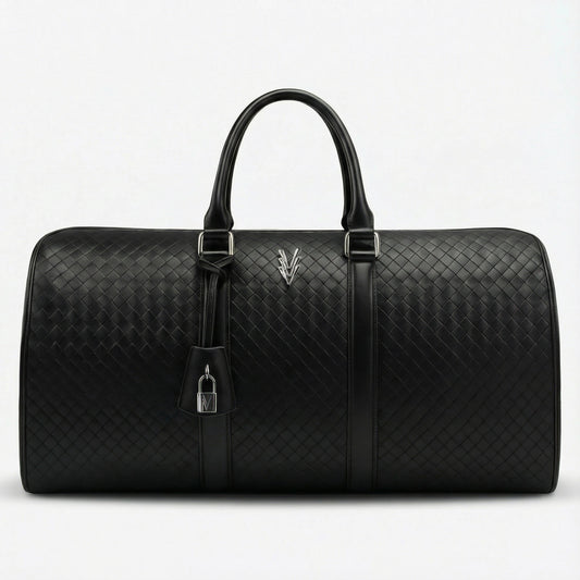 Black woven leather duffel bag on a light gray background