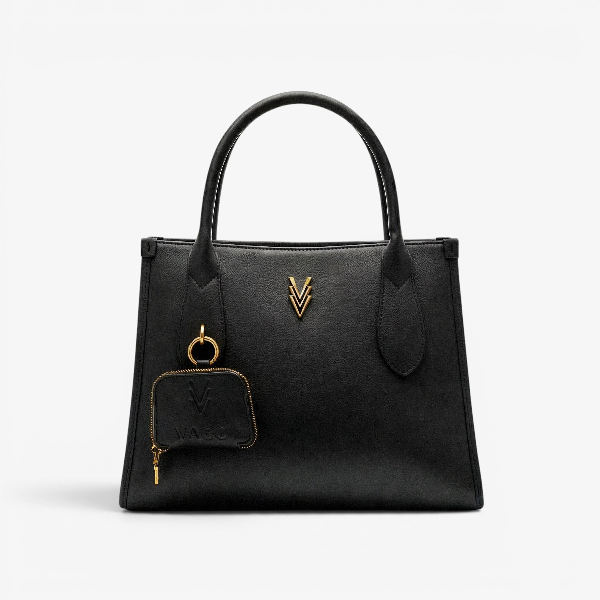 Black handbag with gold accents on a white background