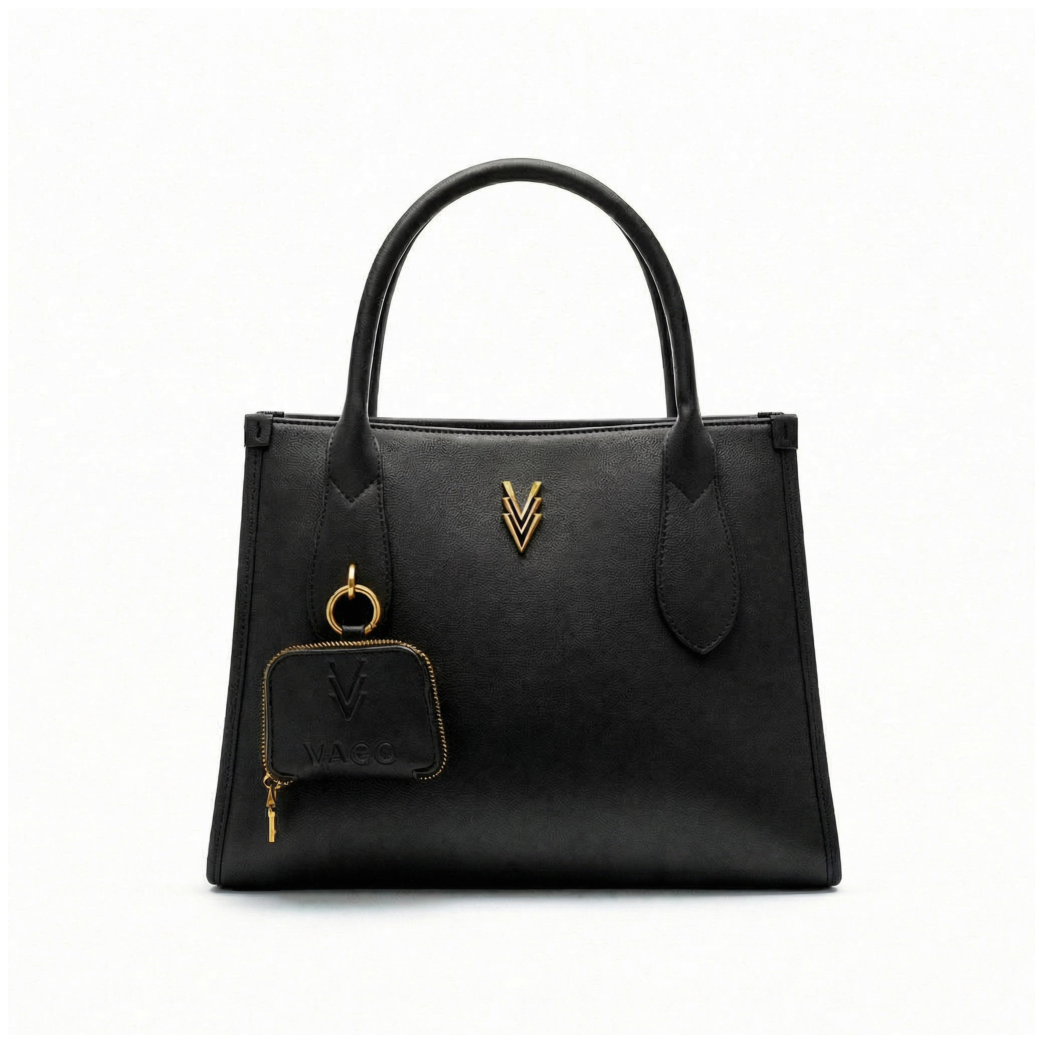Black handbag with gold accents on a white background