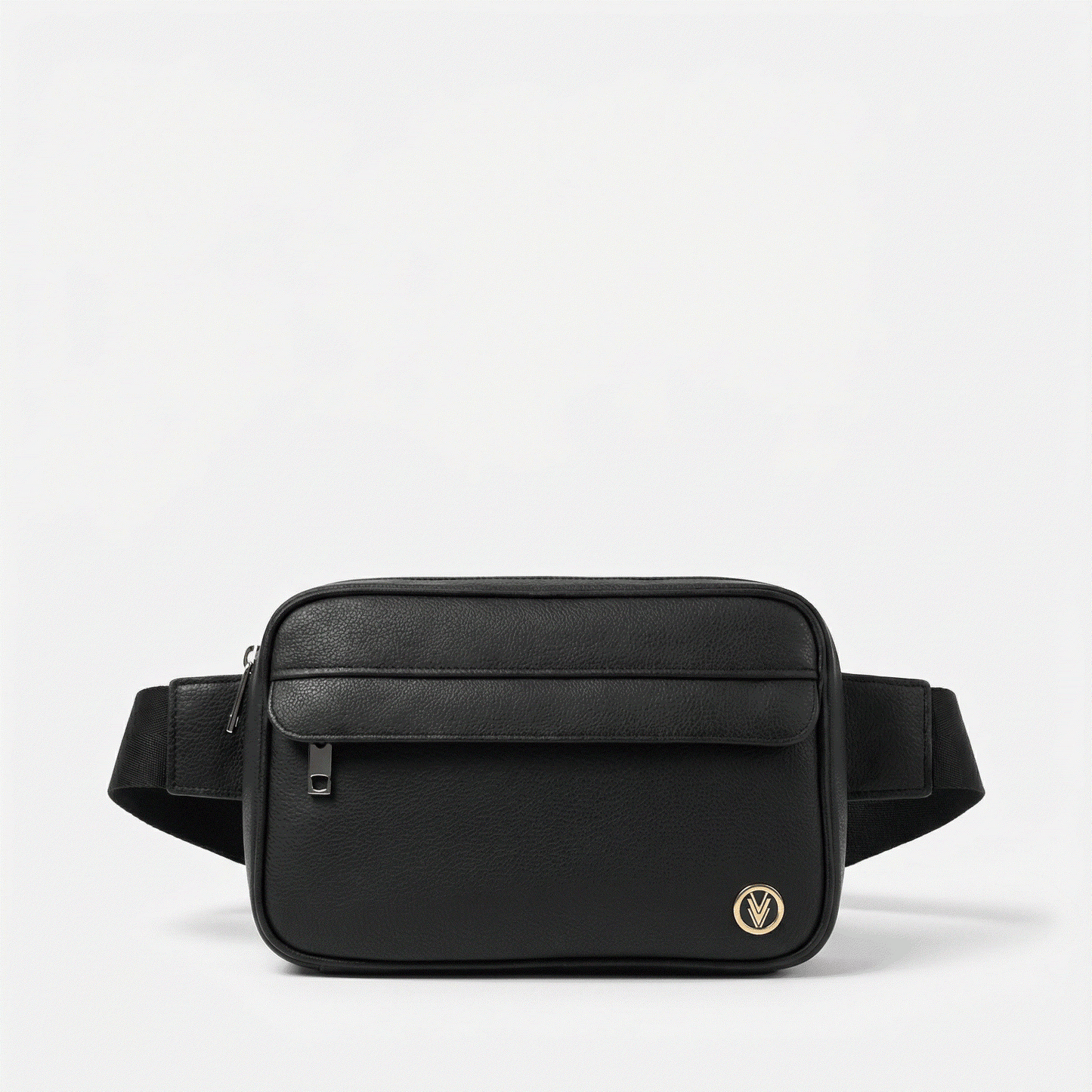 Black waist bag with a visible brand logo on a white background