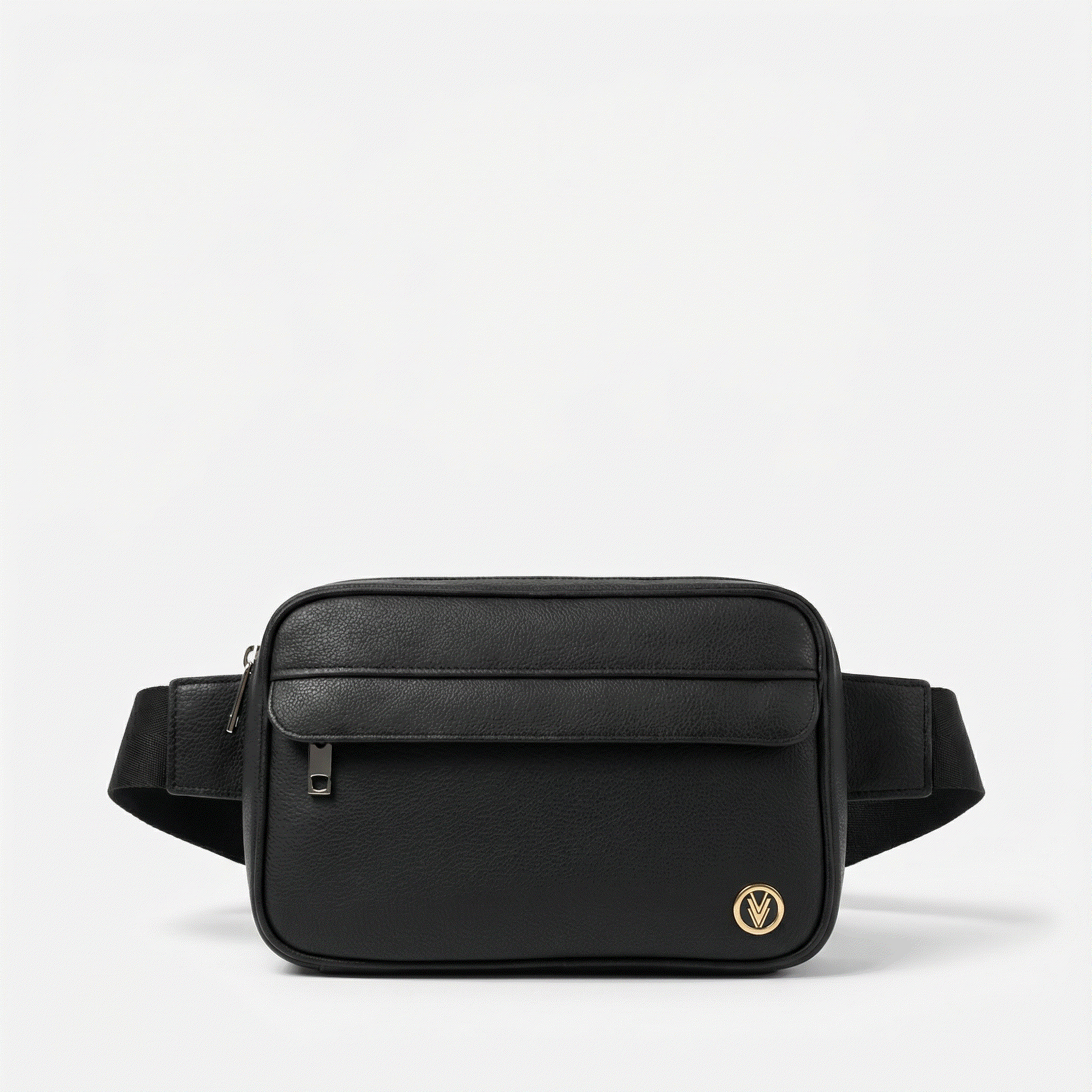 Black waist bag with a visible brand logo on a white background