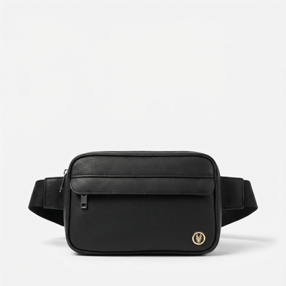 Black waist bag with a visible brand logo on a white background