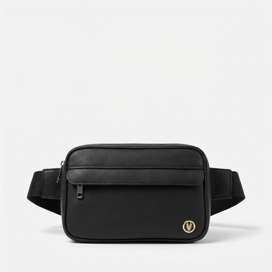 Black waist bag with a visible brand logo on a white background