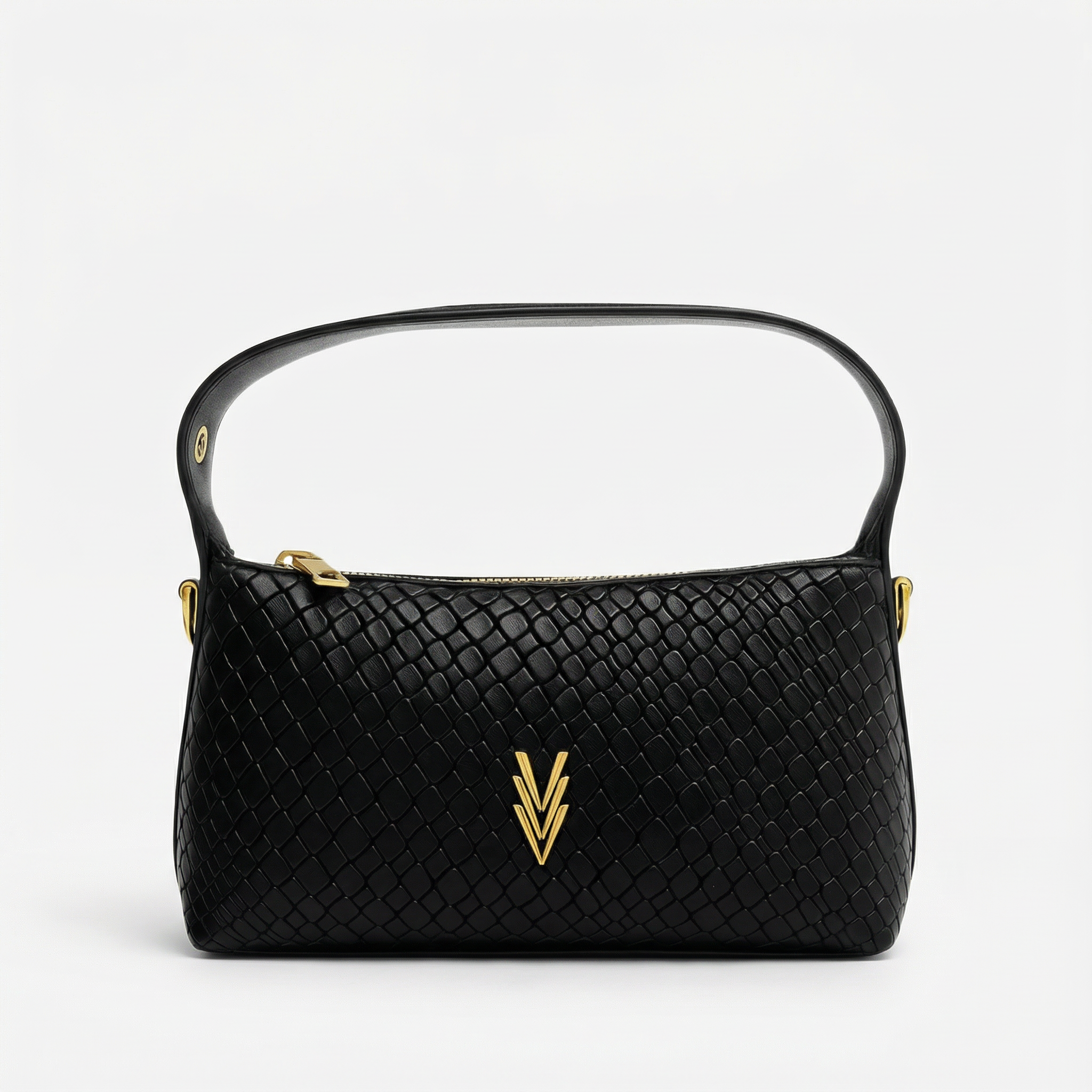 Black woven handbag with gold accents on a light gray background