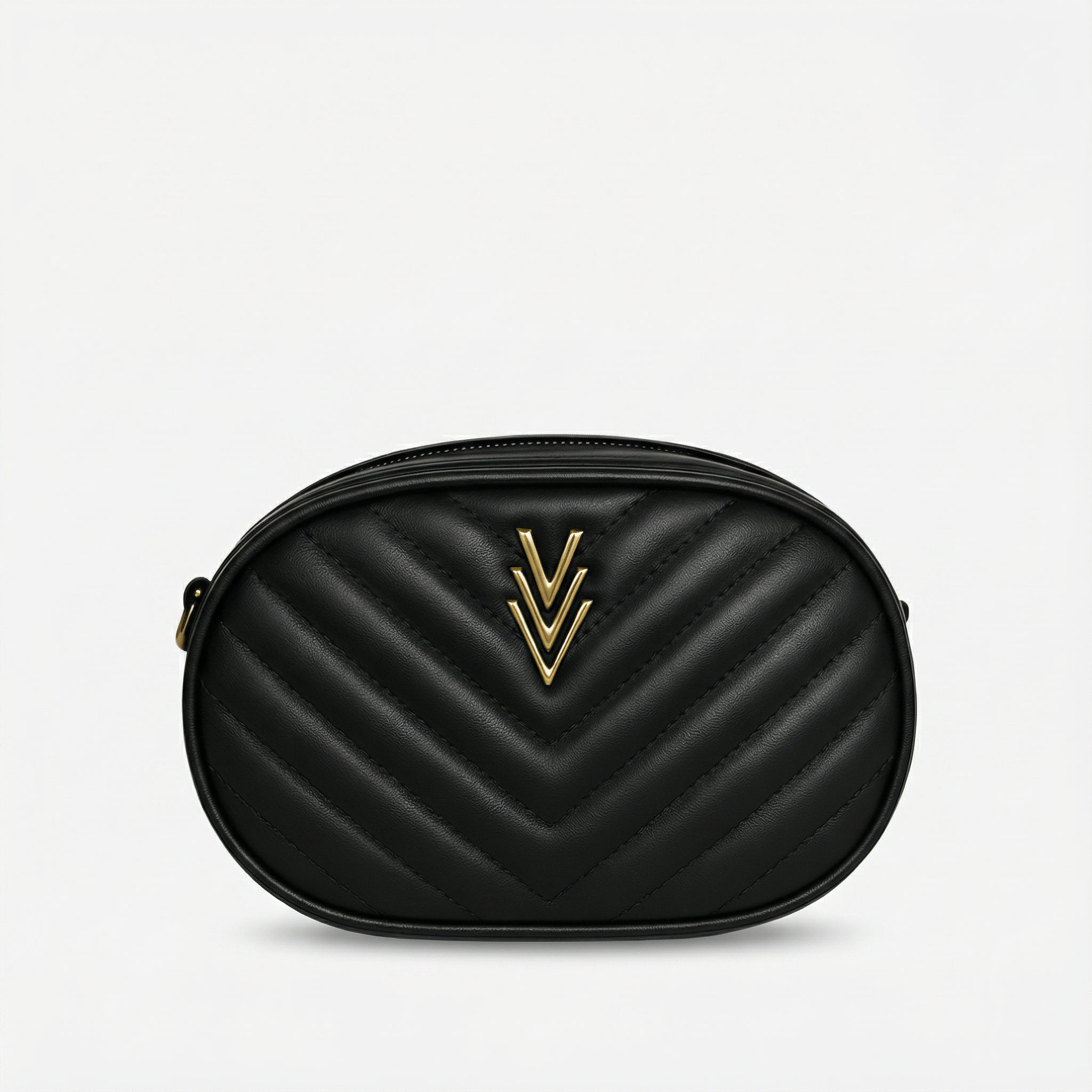 Black chevron-patterned bag with a gold emblem on a light gray background