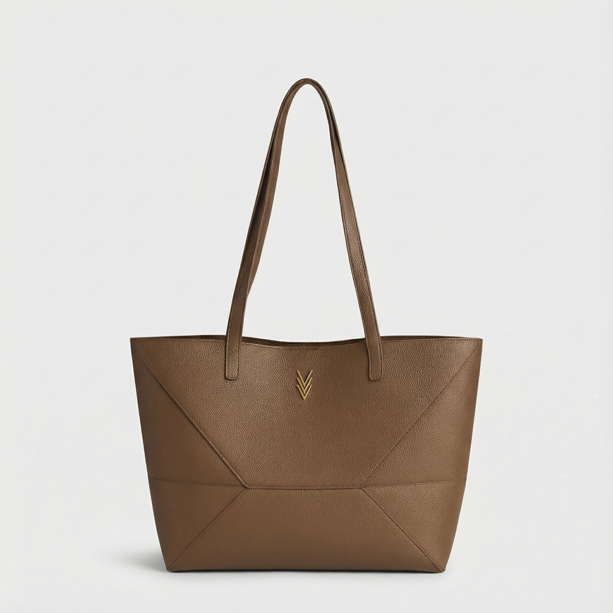 Brown tote bag with a gold logo on a light gray background