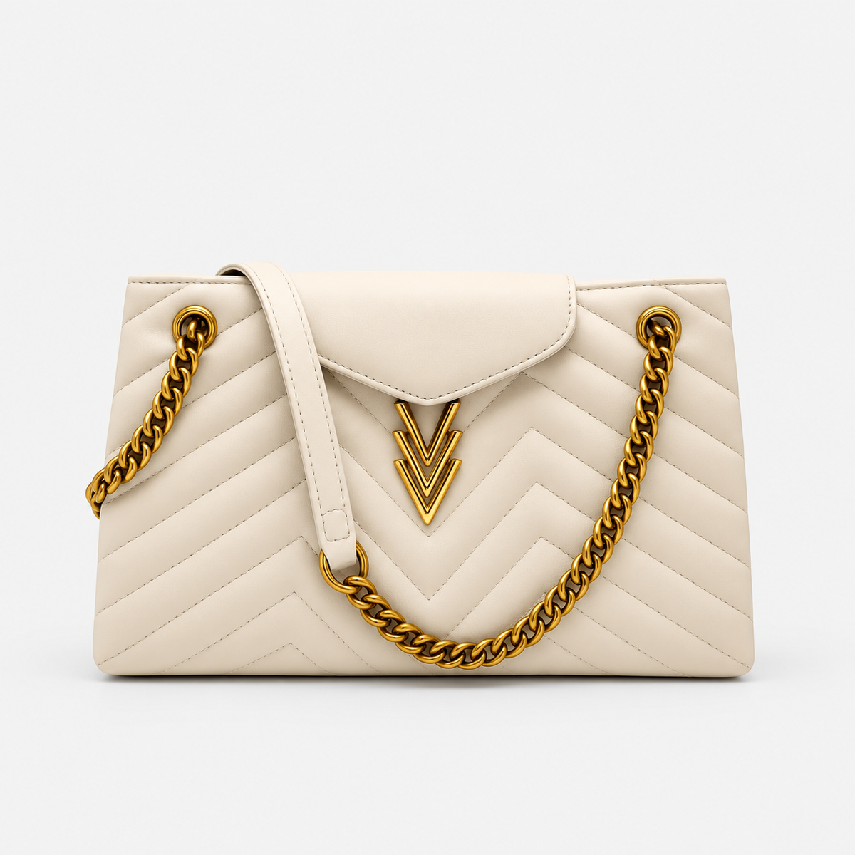 An off-white quilted chevron handbag with a gold-tone chain strap and a gold V-shaped logo clasp, shown against a light gray background.