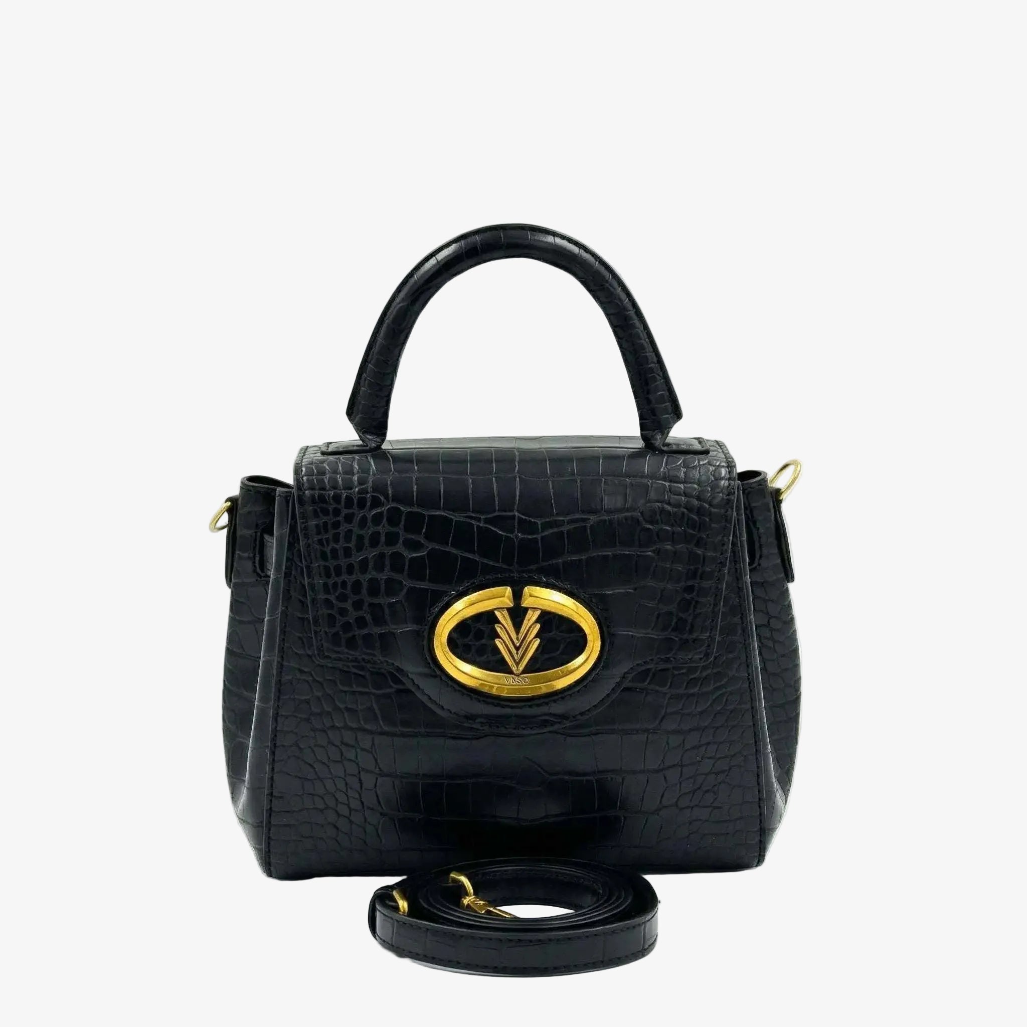 Black crocodile-patterned handbag with a gold emblem on a white background