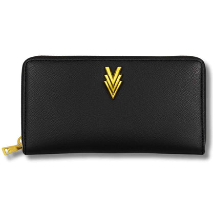 Black wallet with a gold emblem on a white background