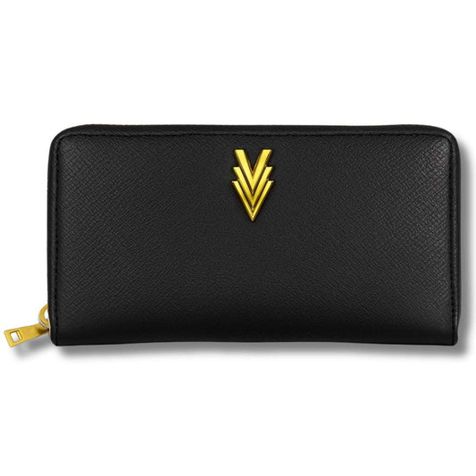 Black wallet with a gold emblem on a white background
