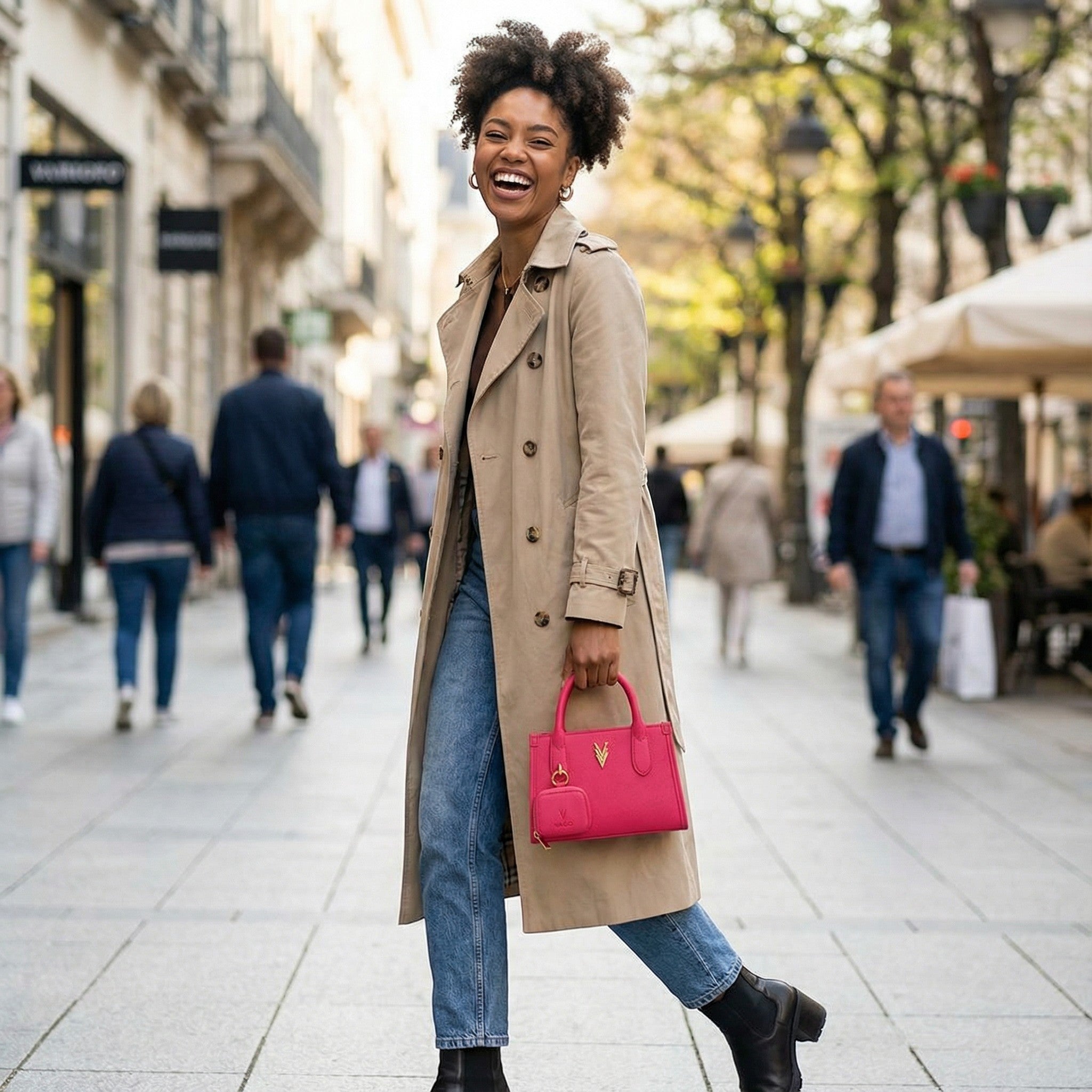 Model wearing pink bag