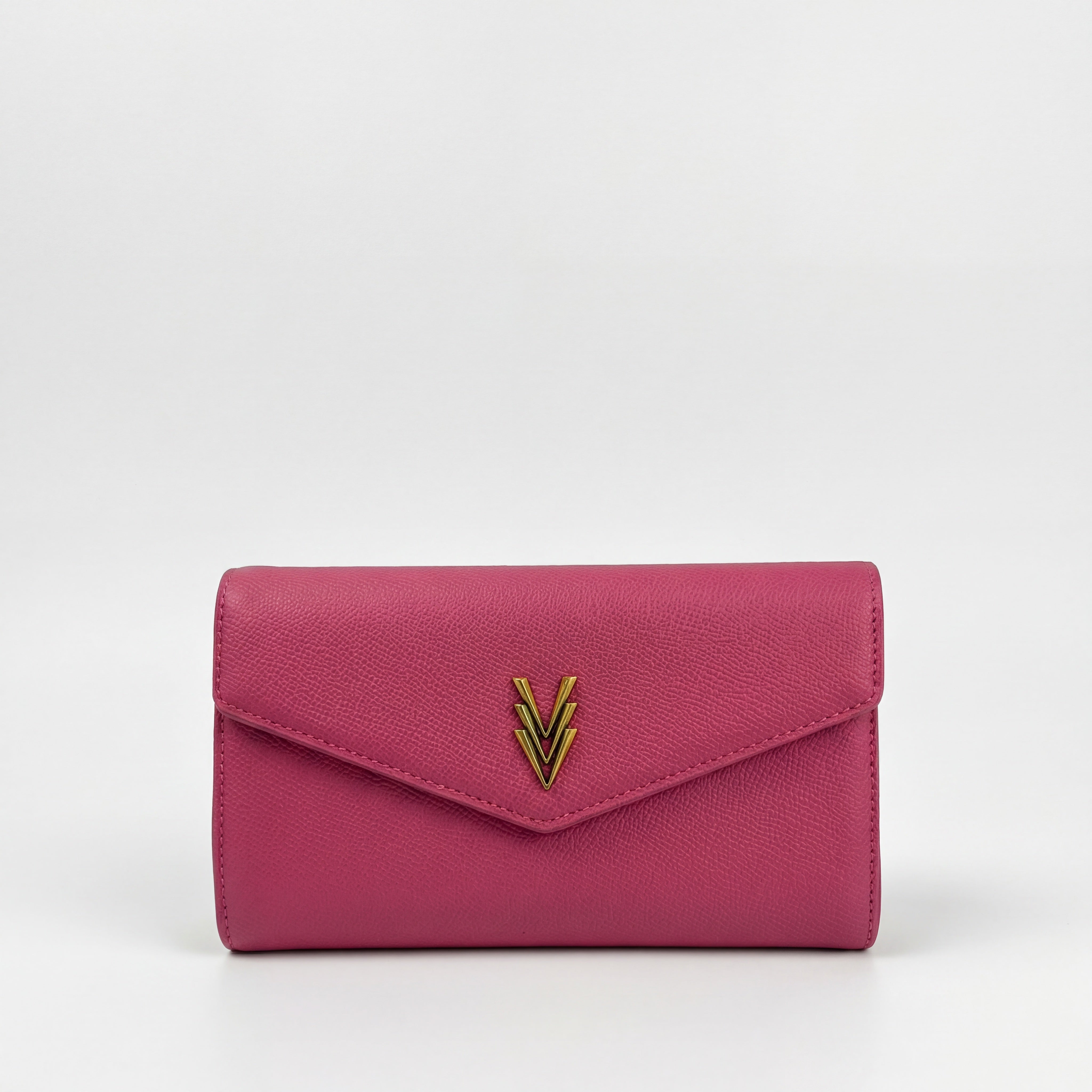 Pink wallet with a gold logo on a white background