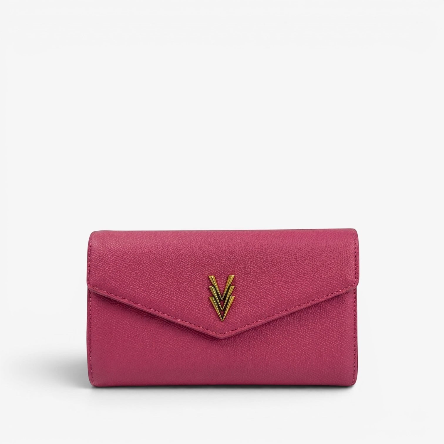 Pink wallet with a gold logo on a white background