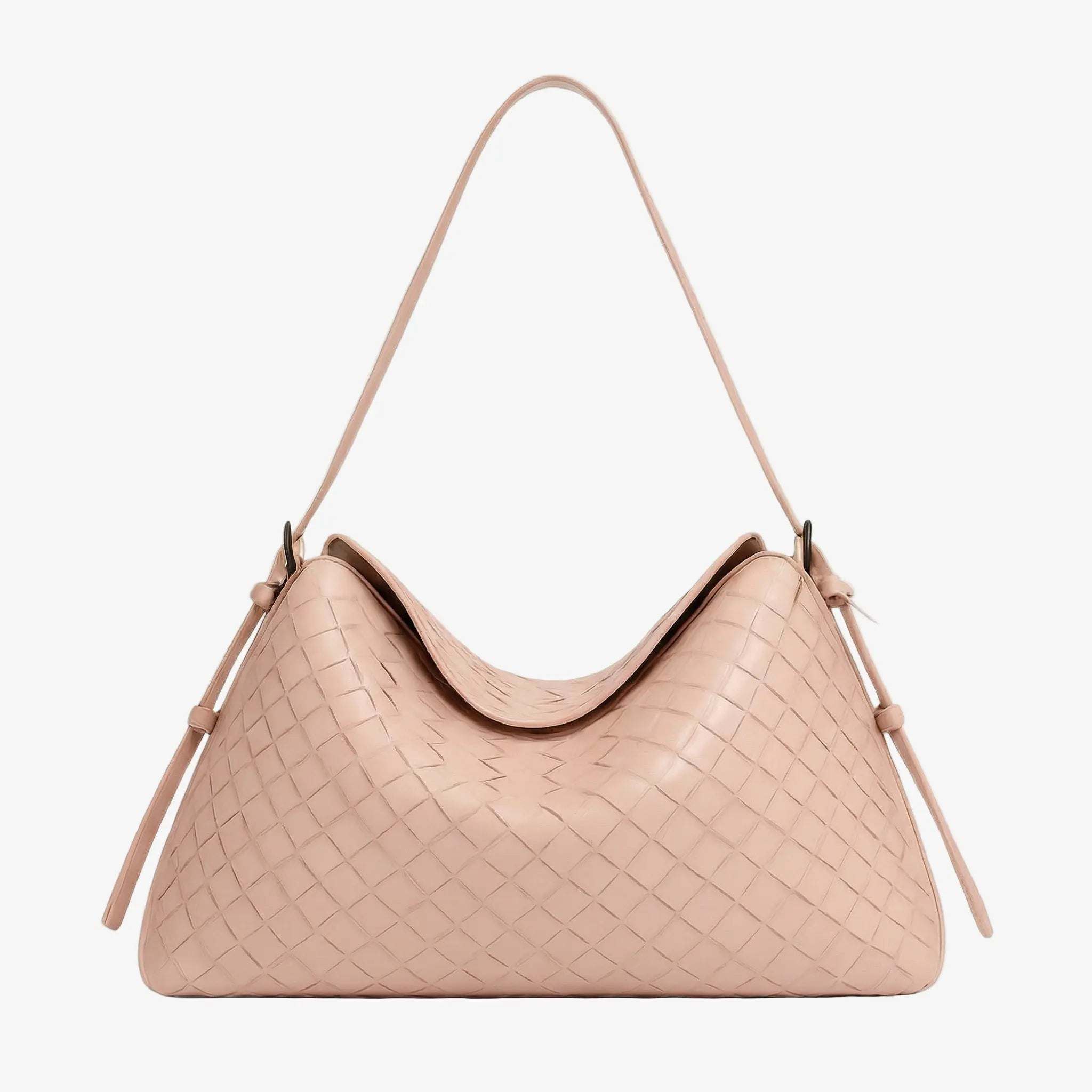 Beige handbag with woven pattern on a light gray background