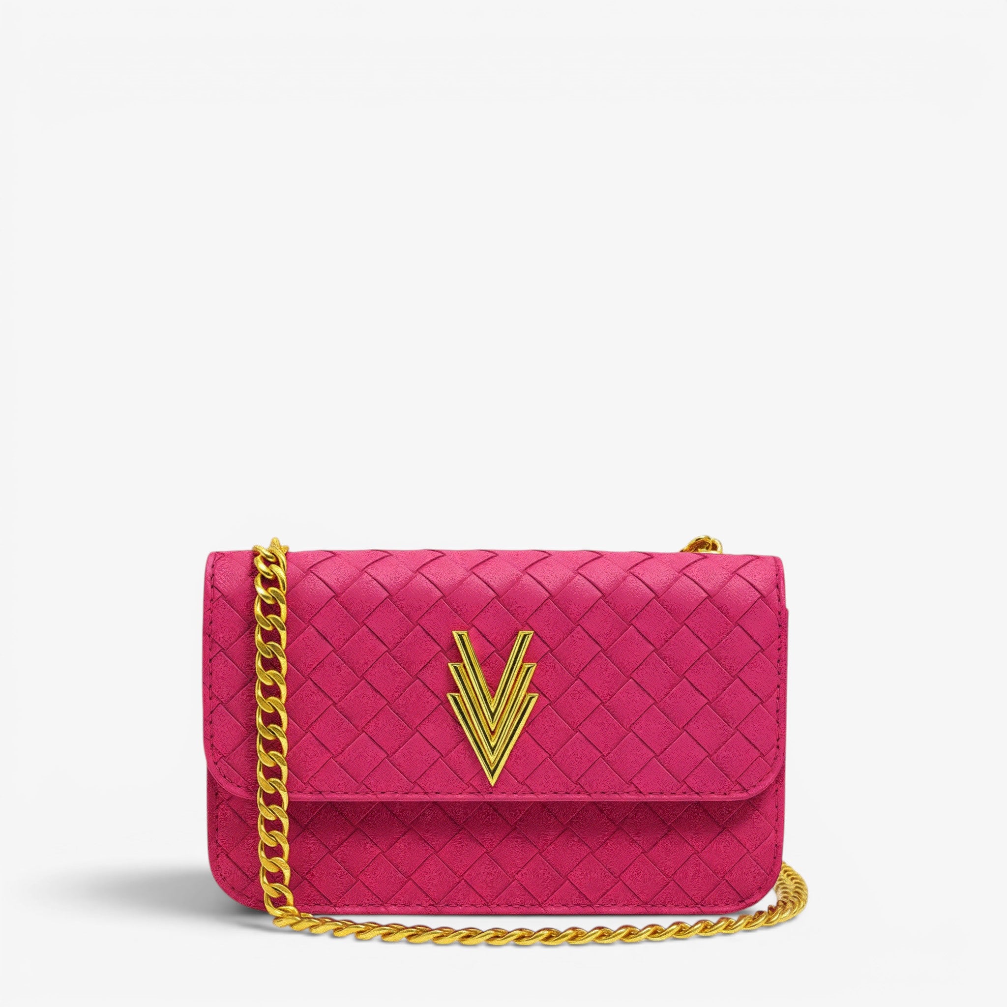 Pink handbag with gold chain and logo on a light gray background