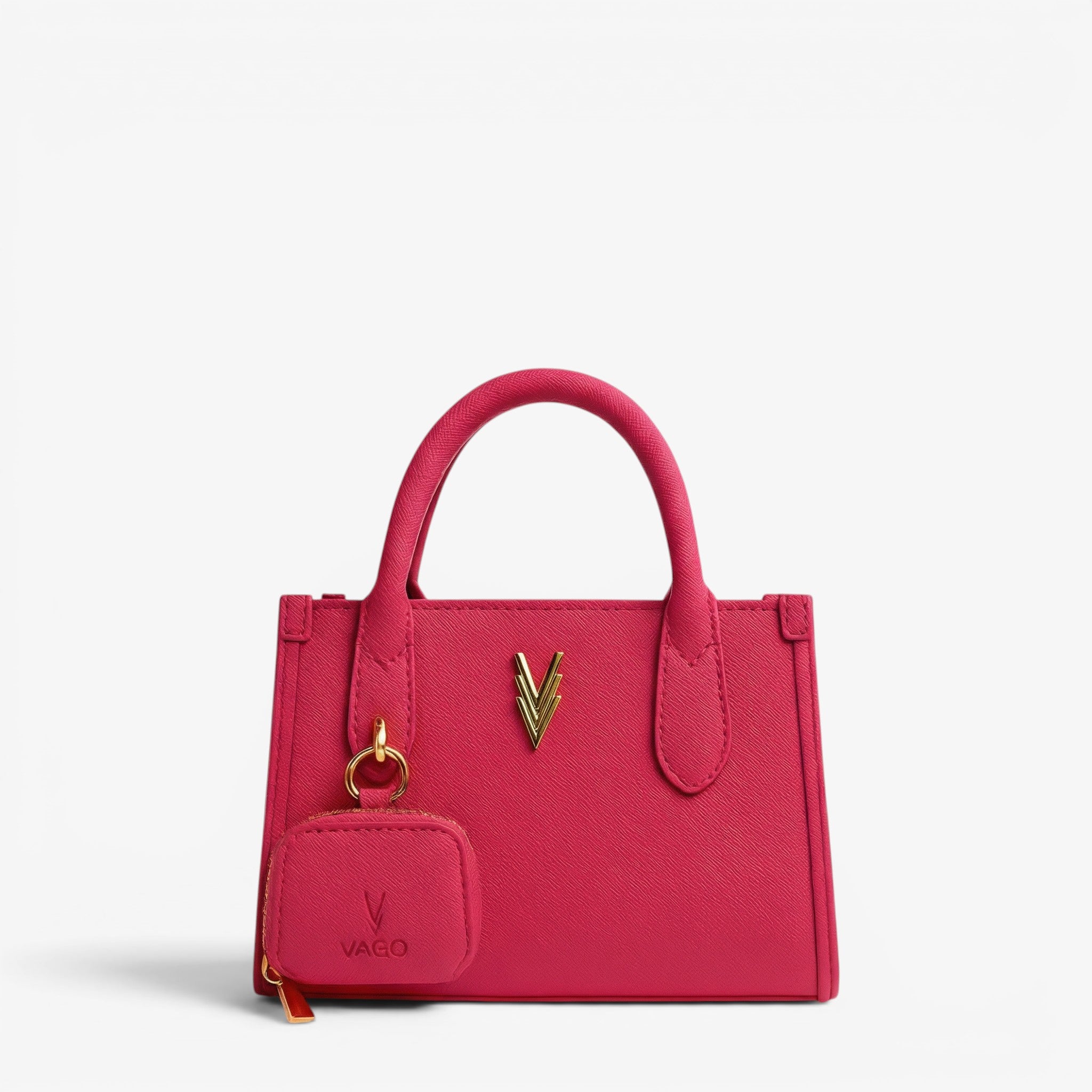 Pink handbag with a gold clasp on a light gray background