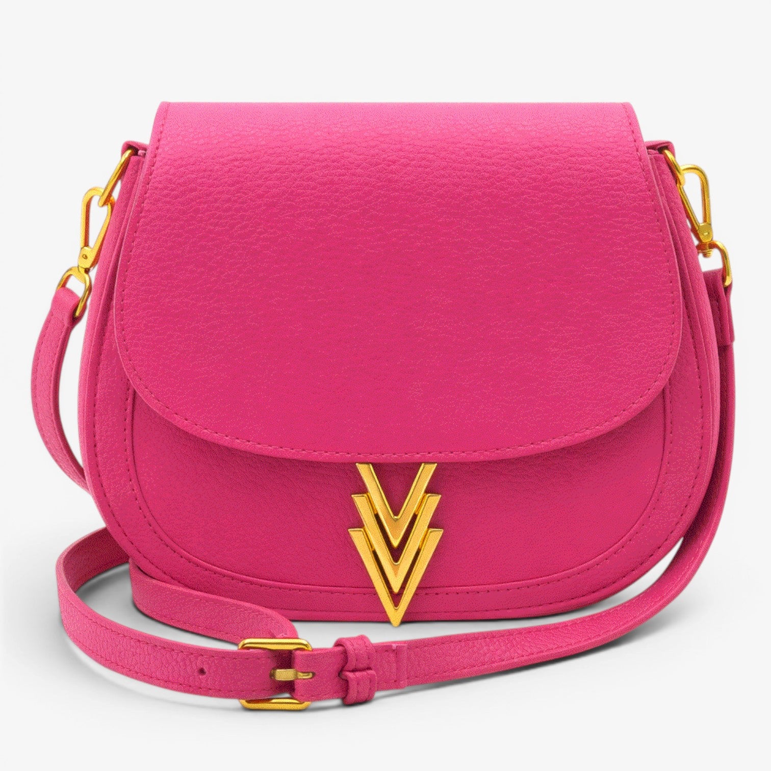 Pink handbag with gold accents on a white background