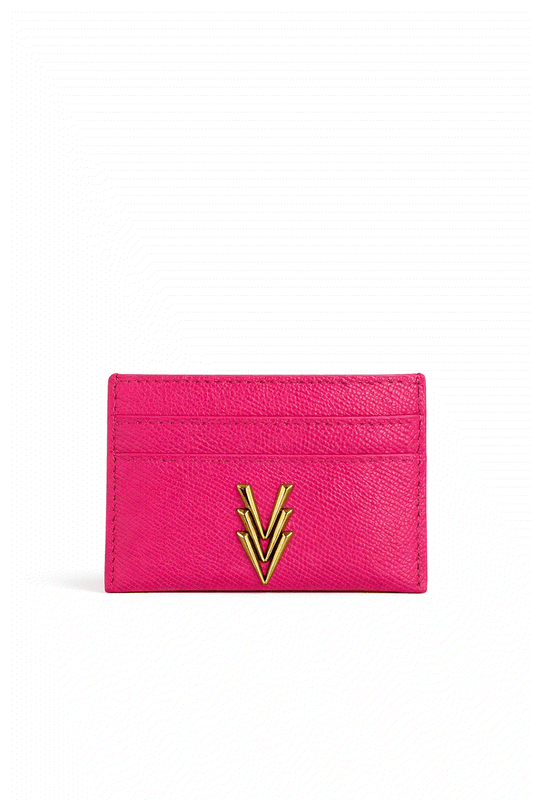Pink cardholder with a gold logo on a white background