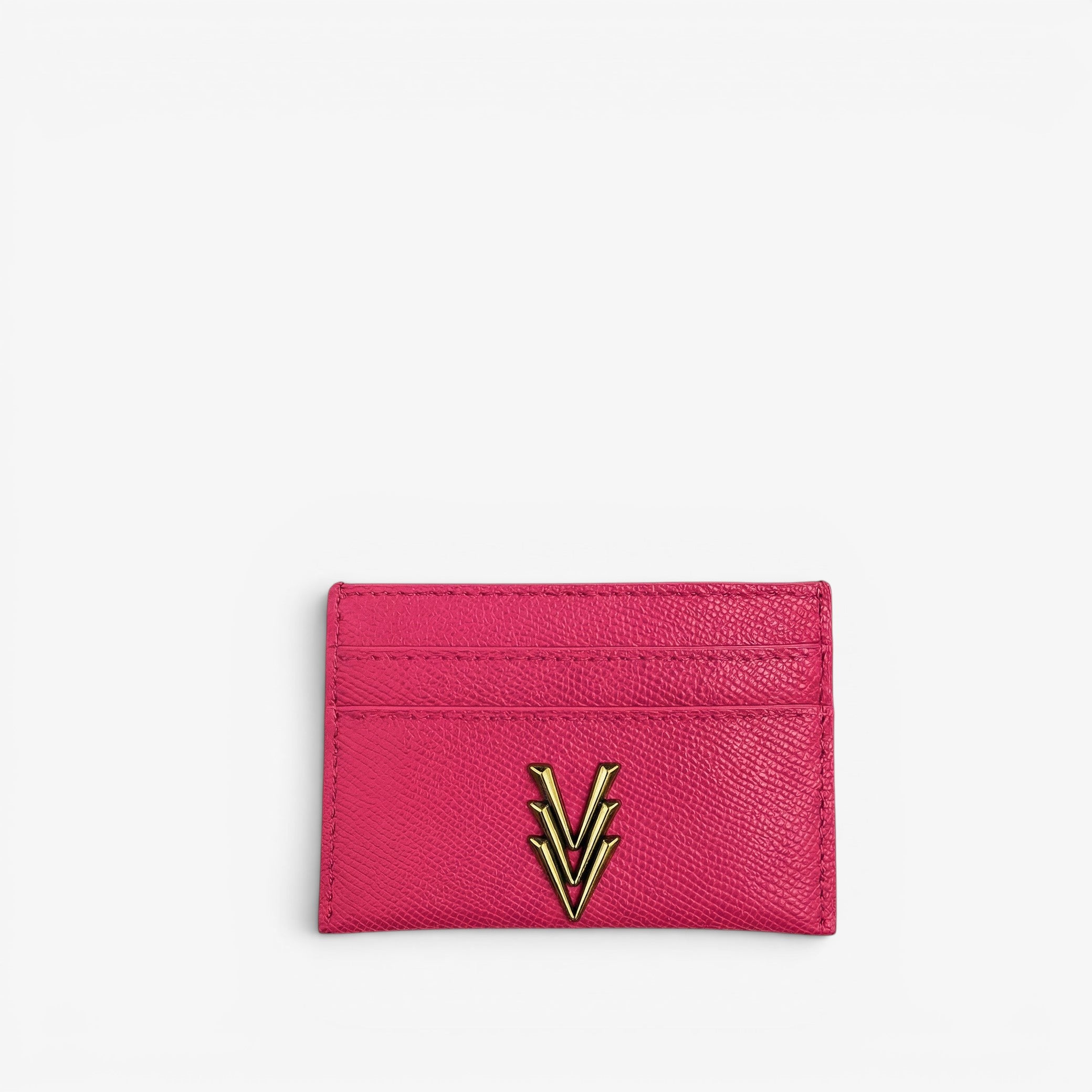 Pink cardholder with a gold logo on a white background