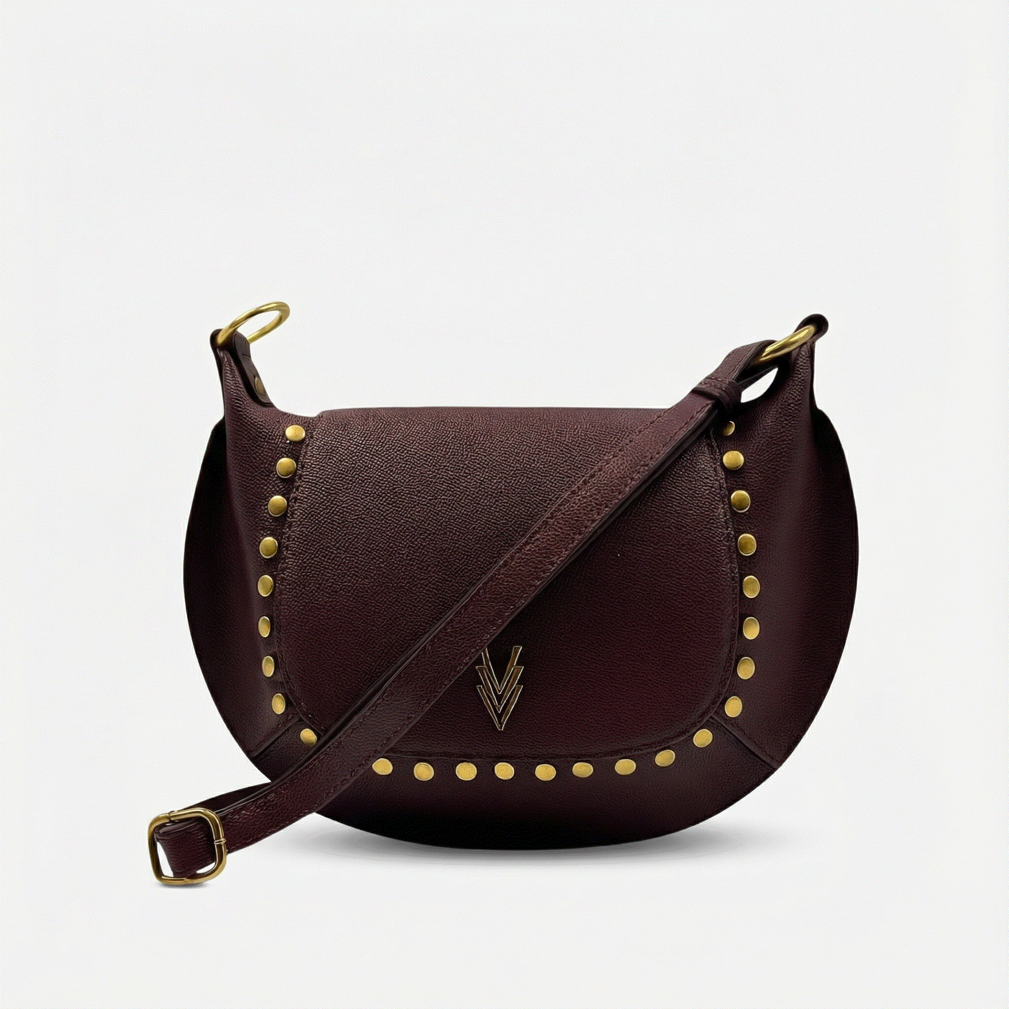 Brown leather handbag with gold studs and a visible brand logo on a light gray background