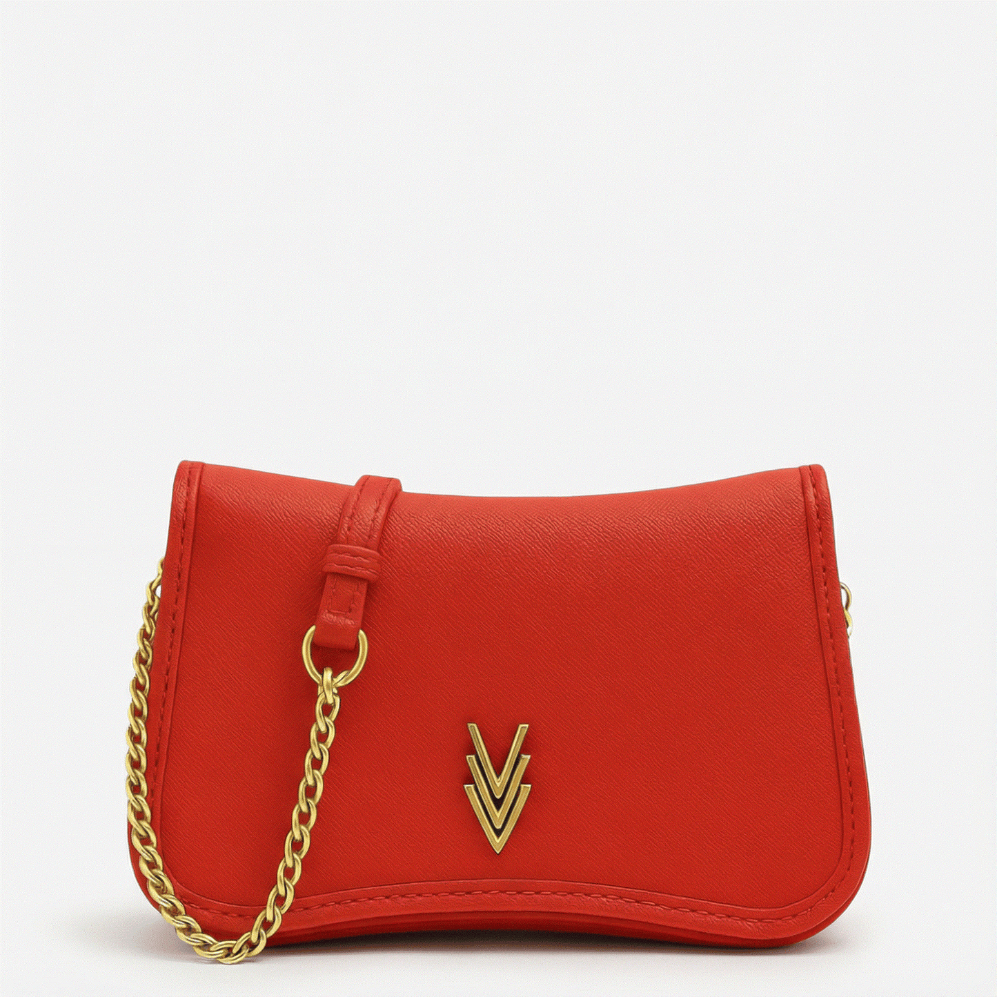 Red handbag with a gold chain and logo on a white background