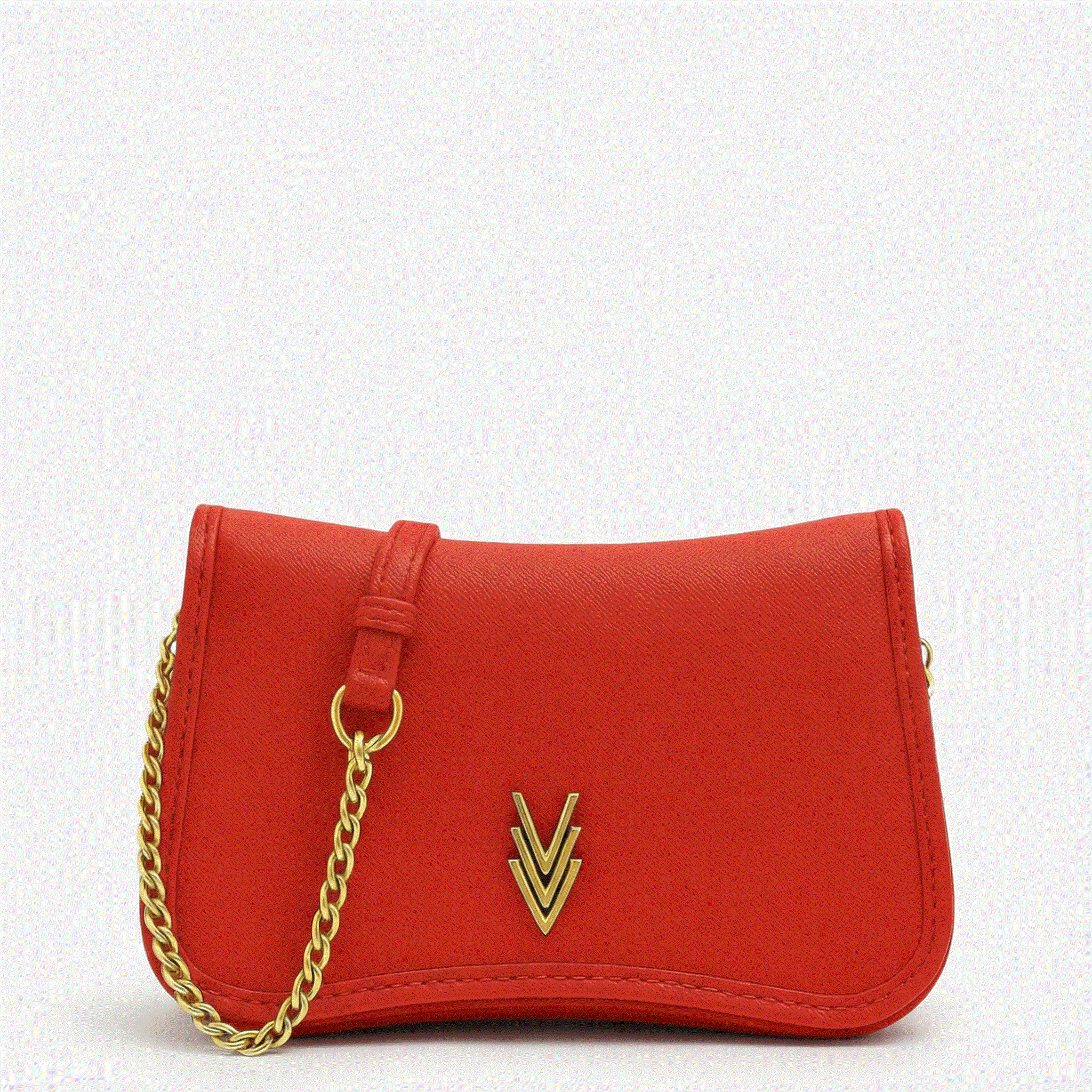 Red handbag with a gold chain and logo on a white background