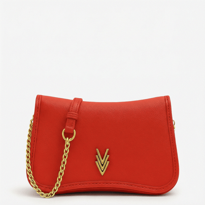 Red handbag with a gold chain and logo on a white background