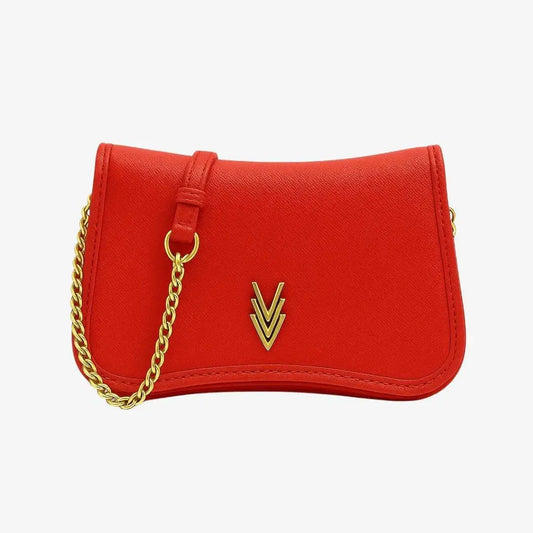 Red handbag with a gold chain and emblem on a white background