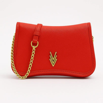 Red vegan leather crossbody bag with adjustable gold chain and flap pocket, small and chic.