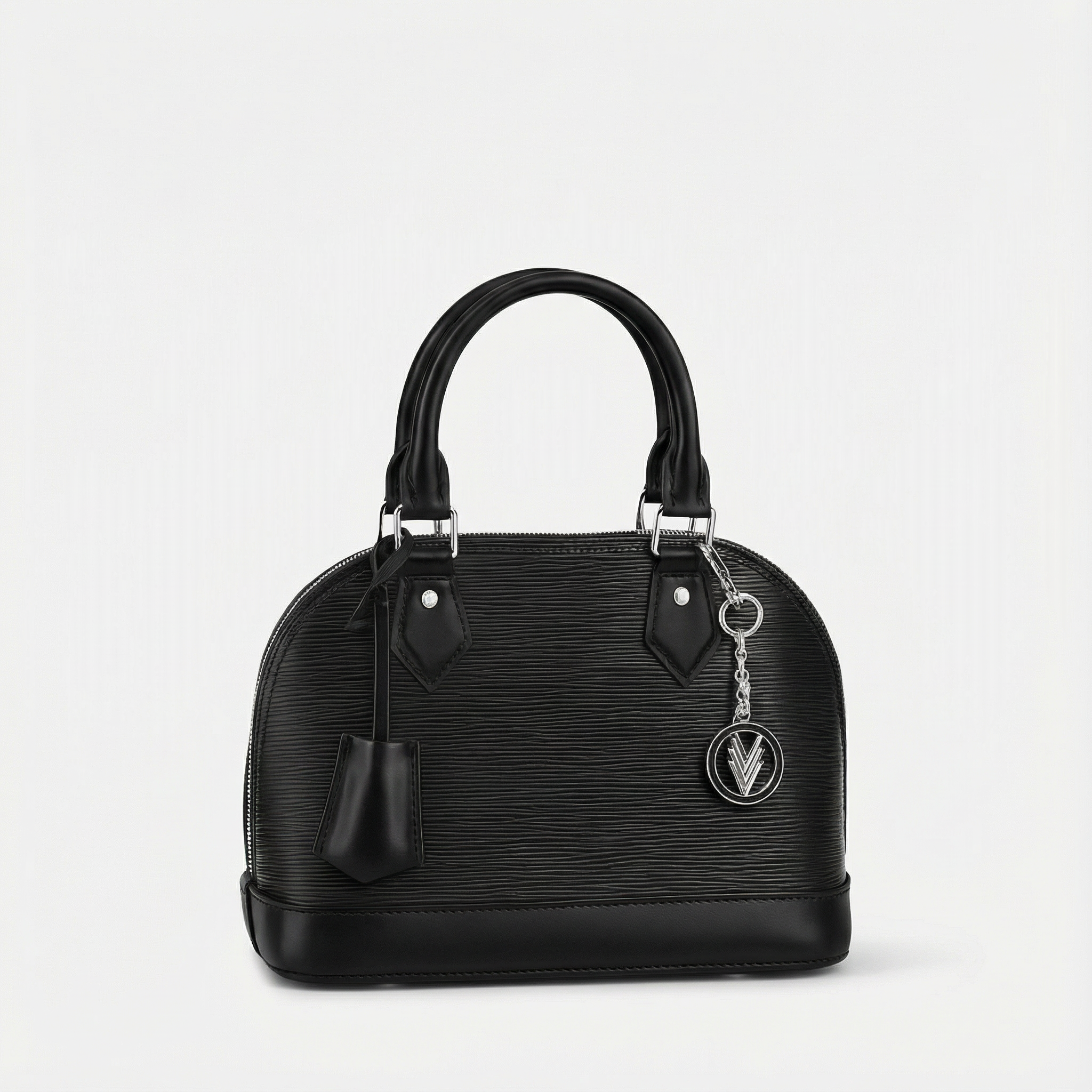 Black handbag with a brand logo on a white background
