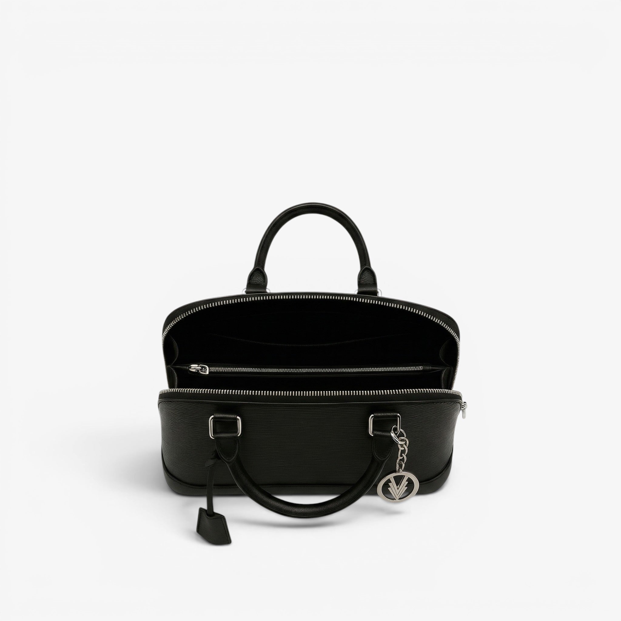 Black handbag with a chain detail on a white background