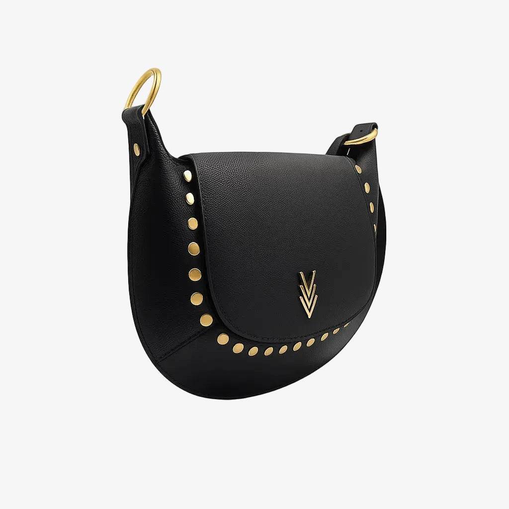 Black saddle bag with gold studs and a logo on a white background