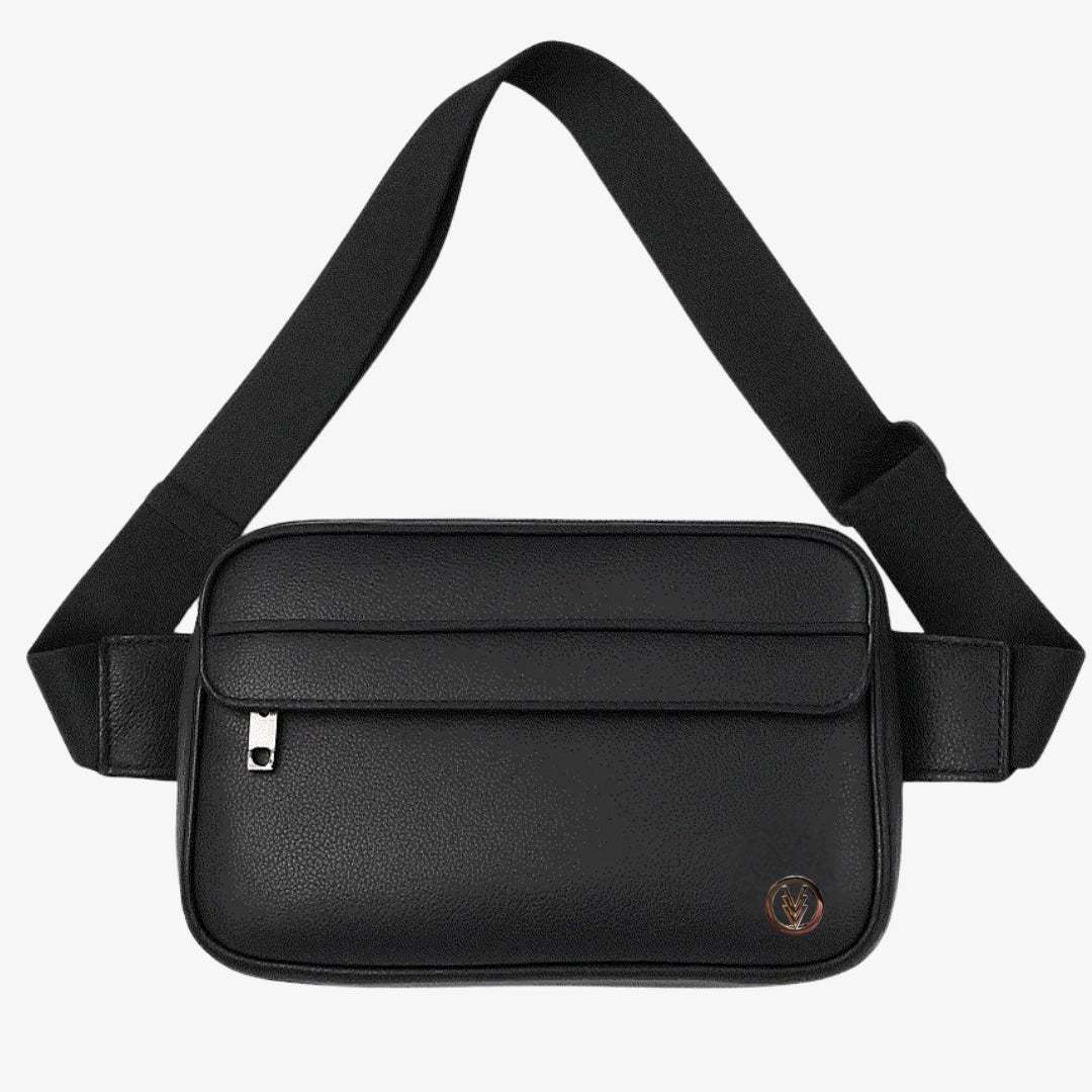 Black waist bag with a strap on a white background