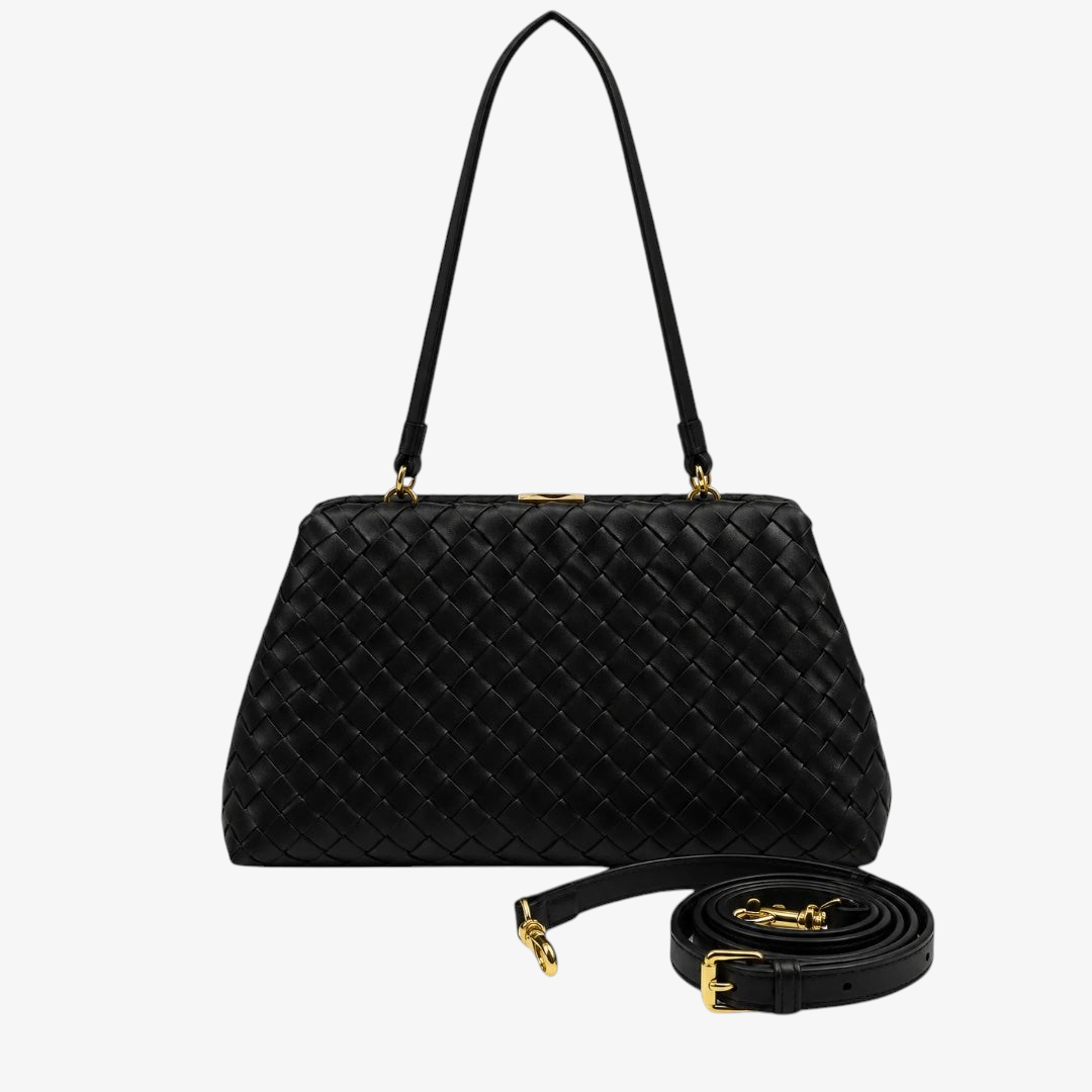 Black woven leather shoulder bag with a top handle and a detachable shoulder strap, shown on a plain white background.