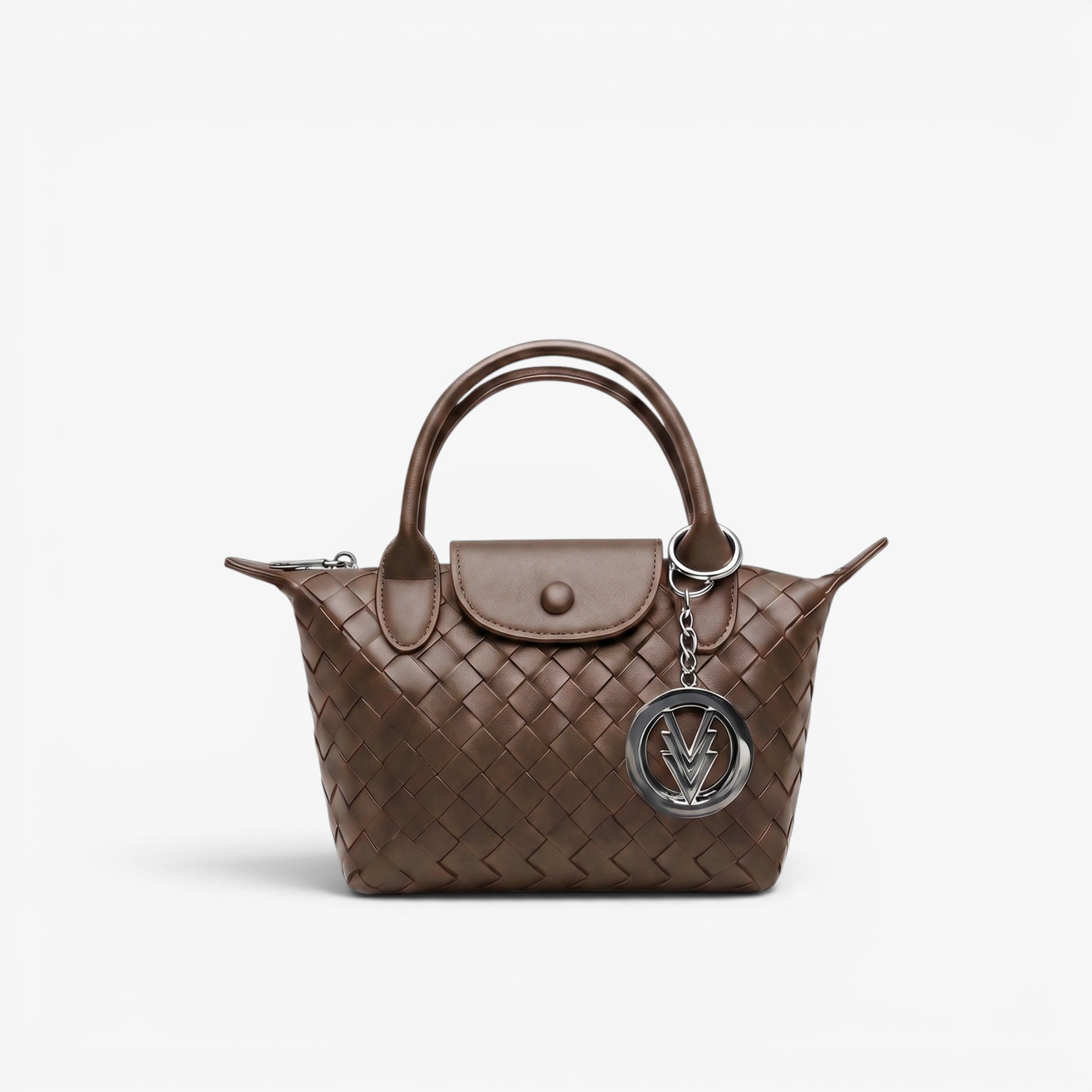 Brown woven handbag with a visible brand logo on a white background