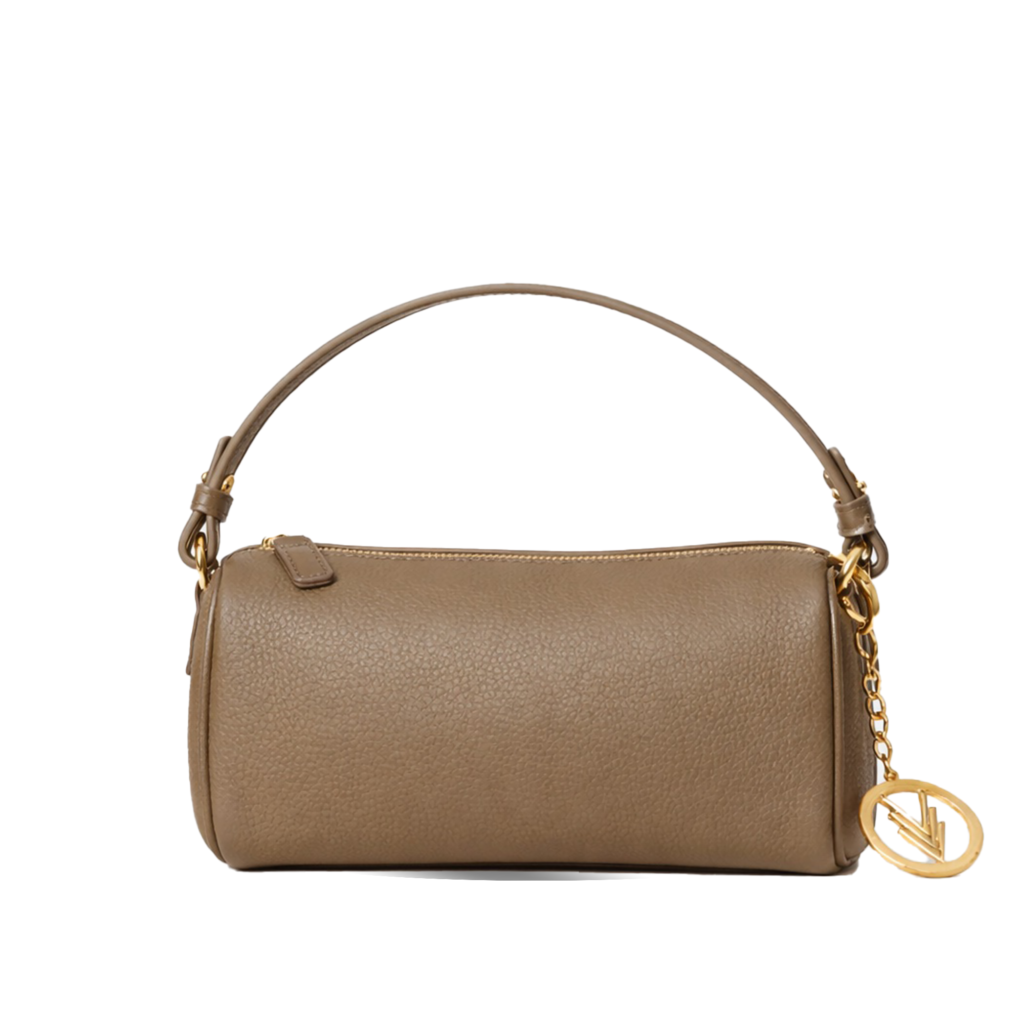 Brown handbag with a gold chain and clasp on a white background
