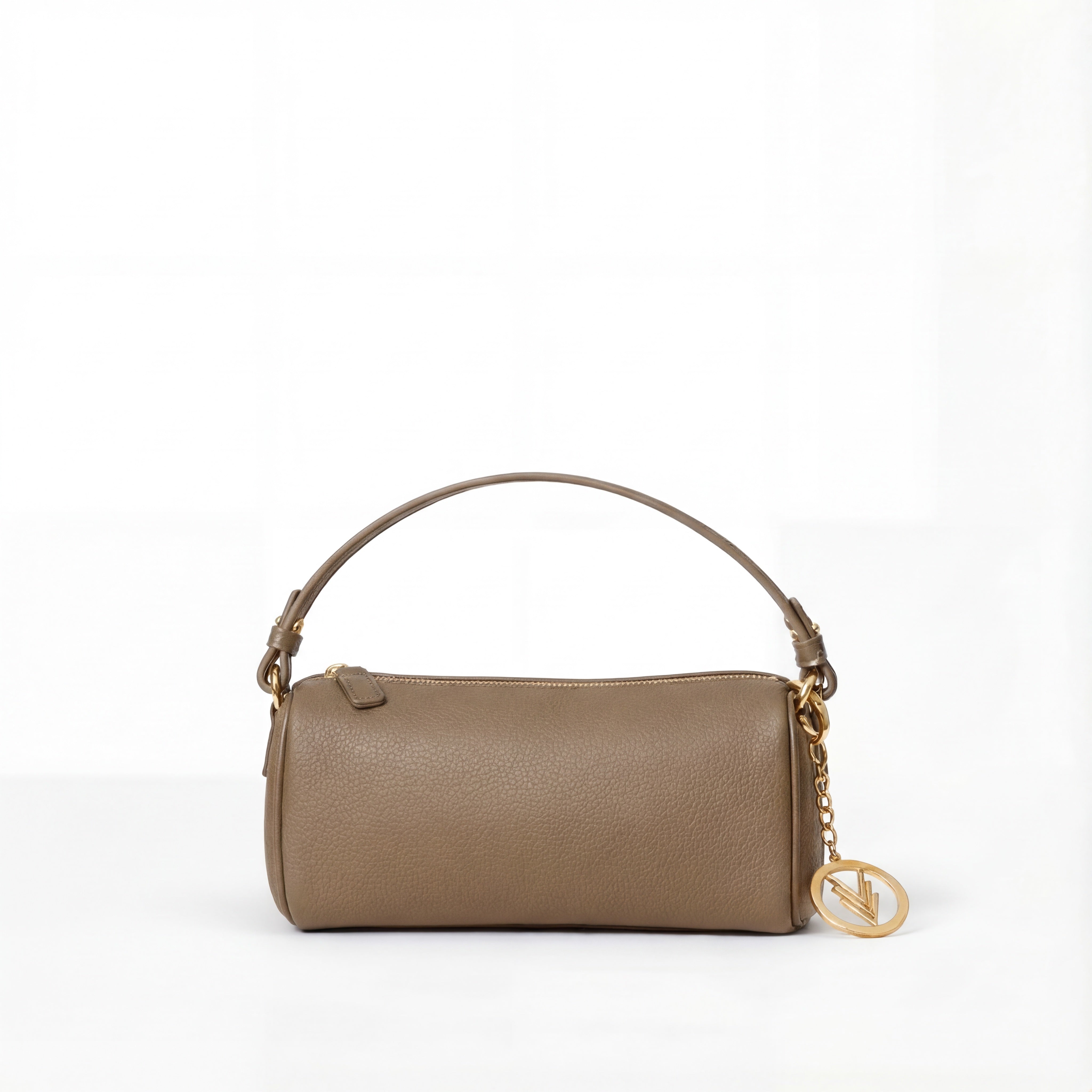 Brown handbag with gold chain and clasp on a white background