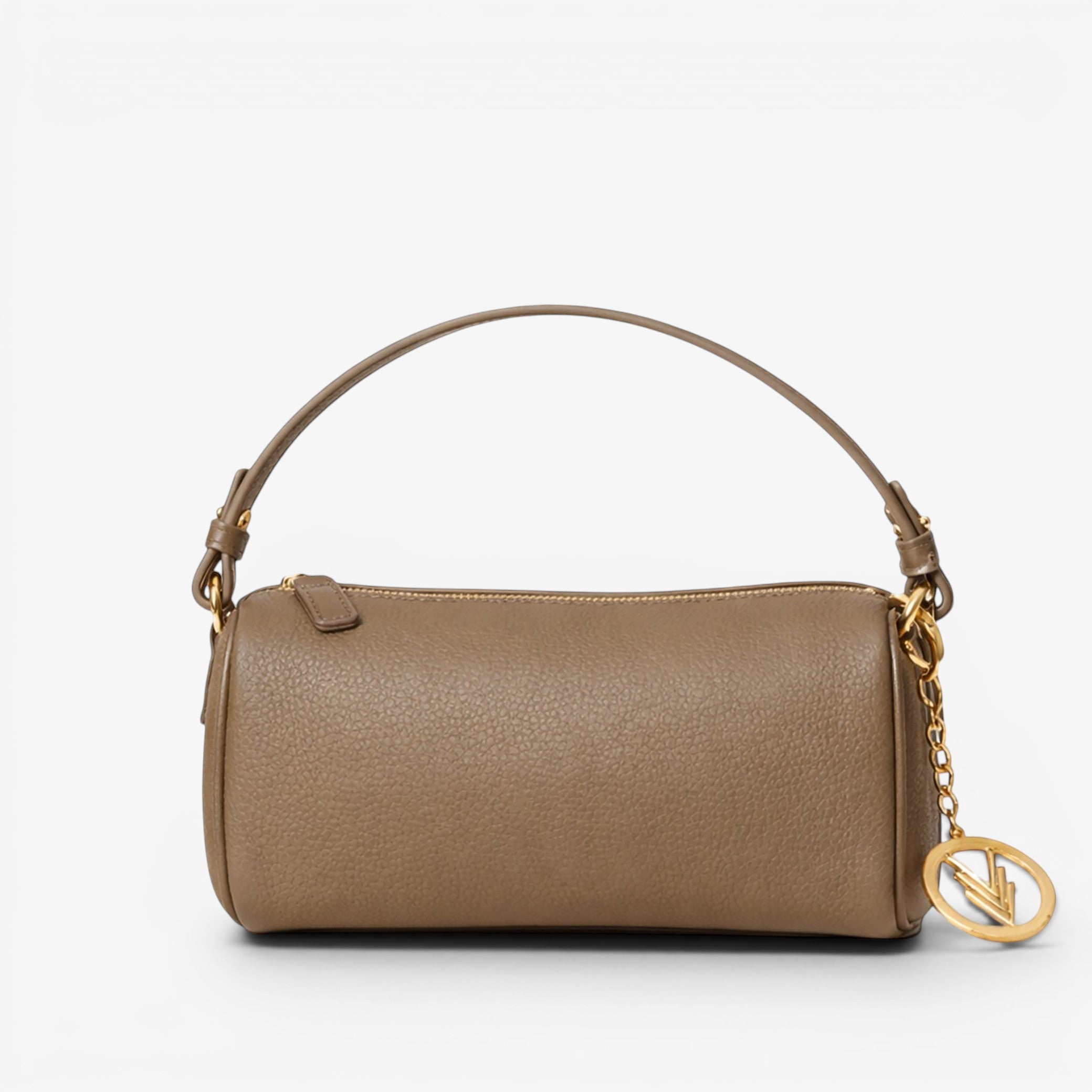 Brown handbag with a gold chain and clasp on a white background