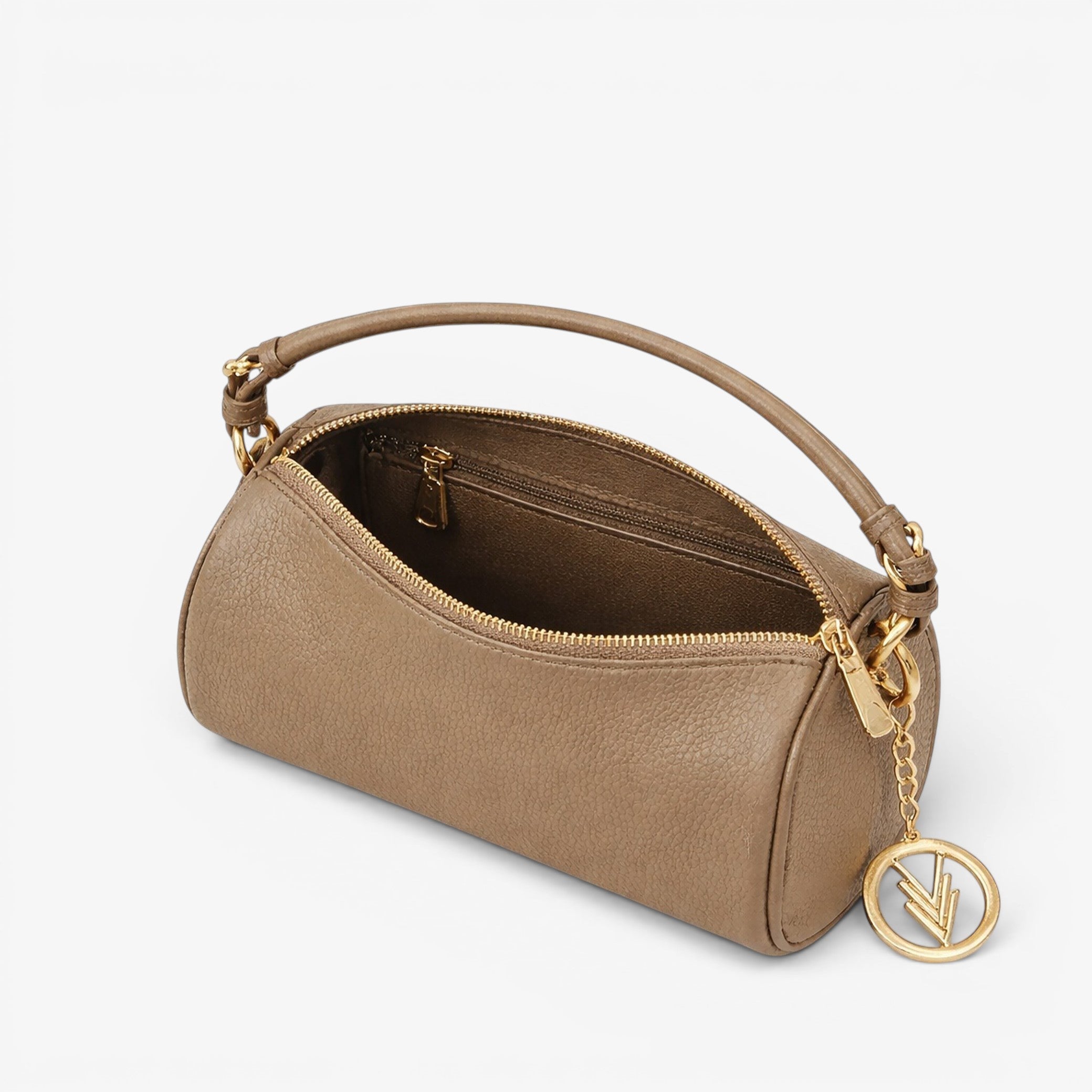 Beige handbag with gold handle and chain on a white background