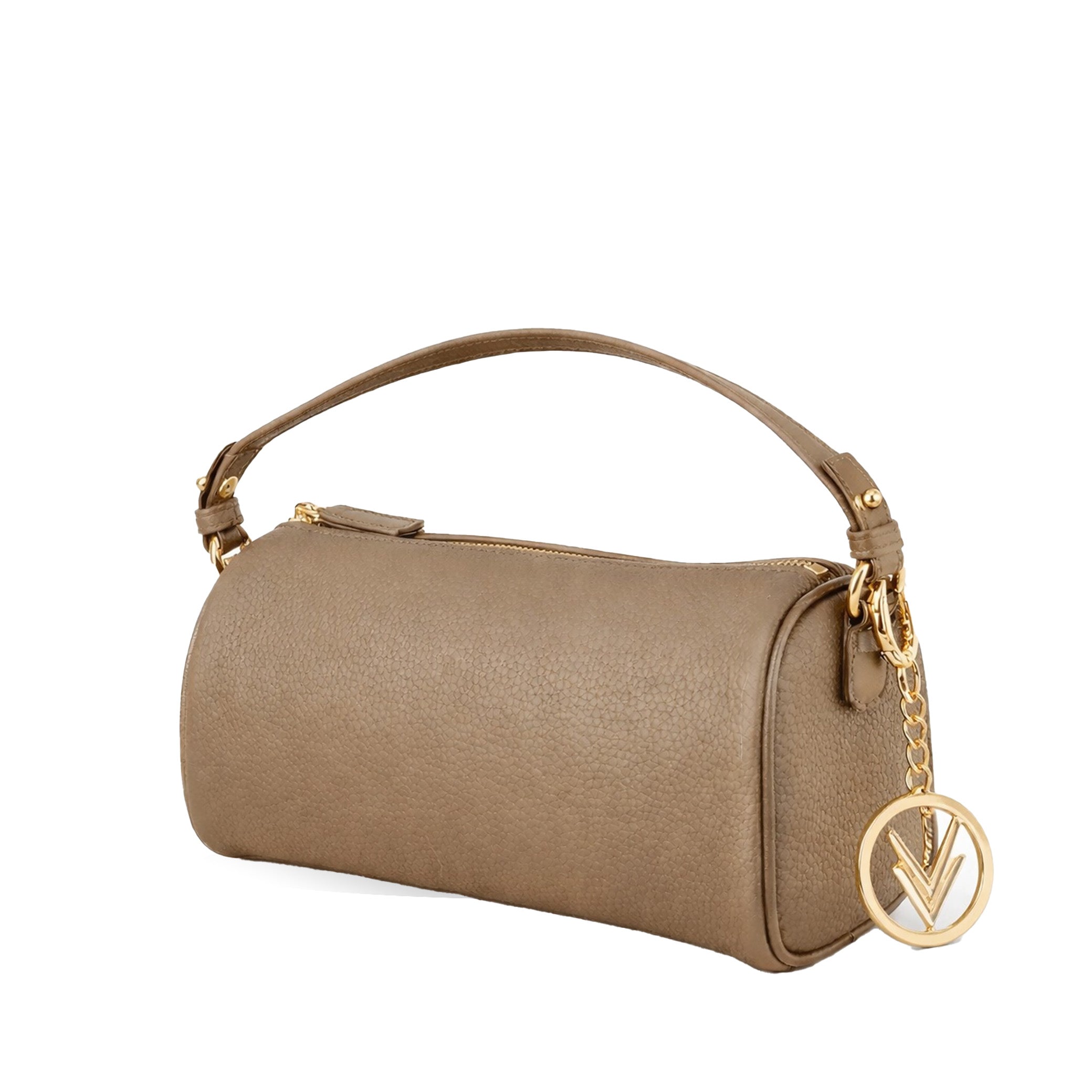 Beige handbag with a gold handle and matching keychain on a white background