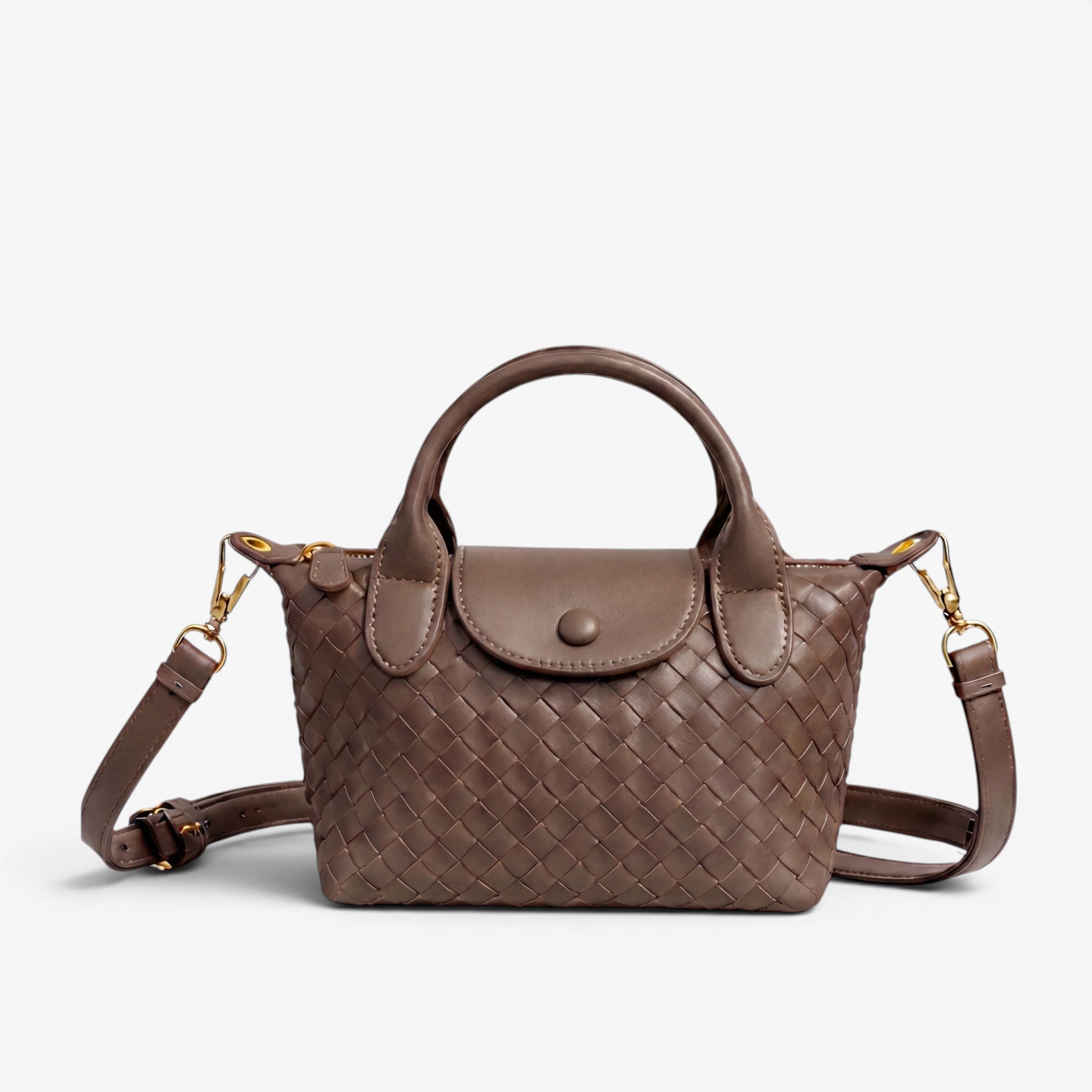 Brown woven handbag with a shoulder strap on a white background