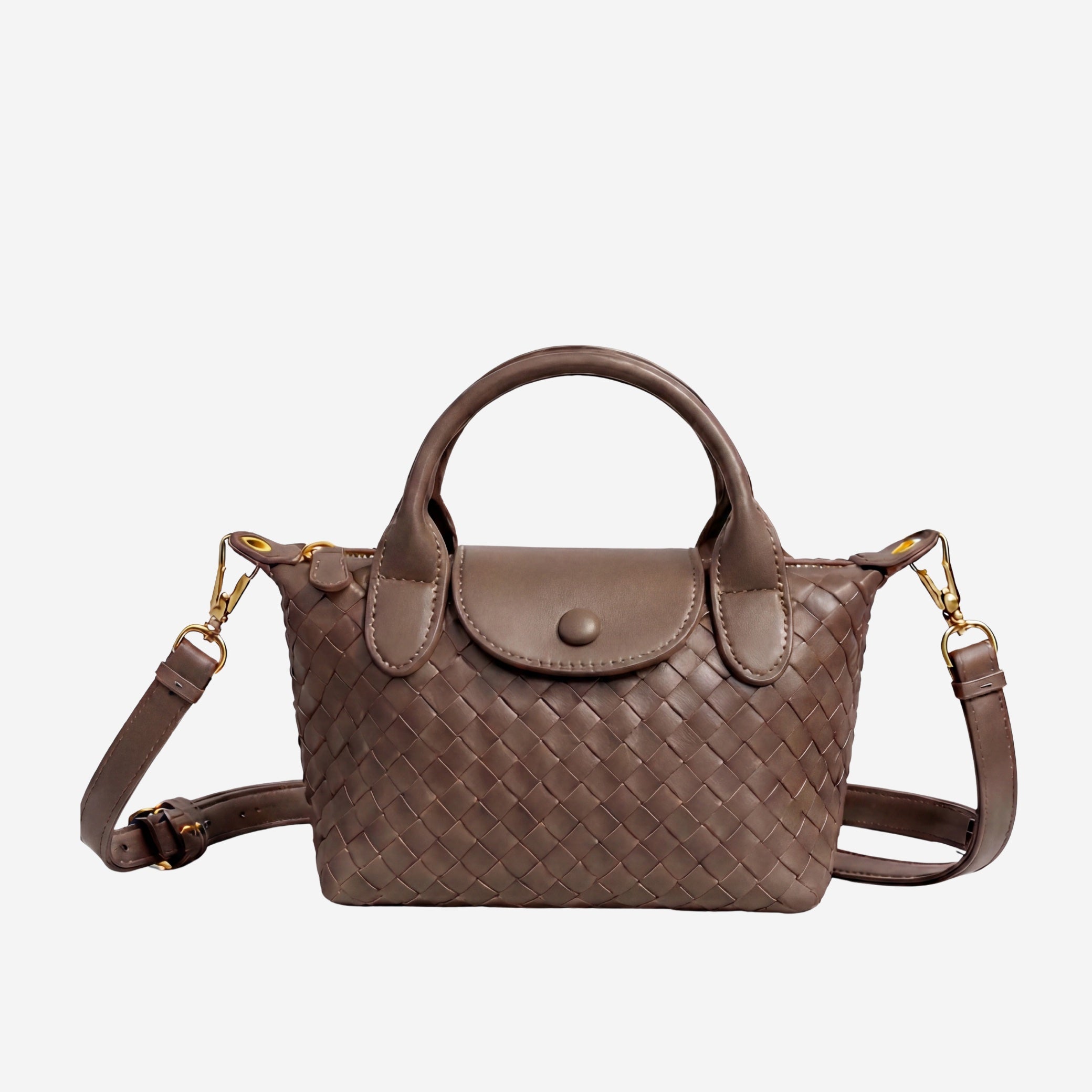 Brown woven handbag with a shoulder strap on a white background