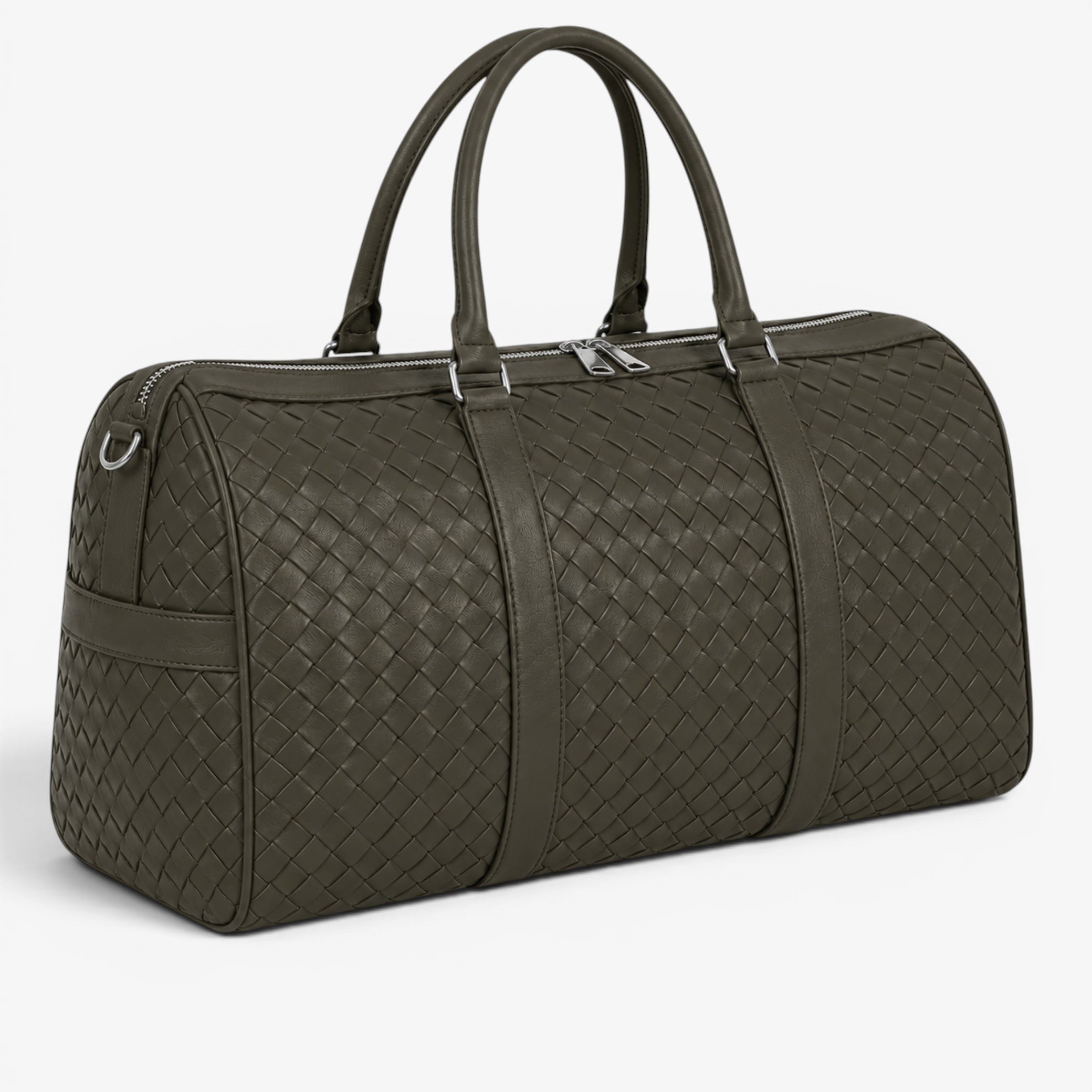 Green woven duffel bag on a white background