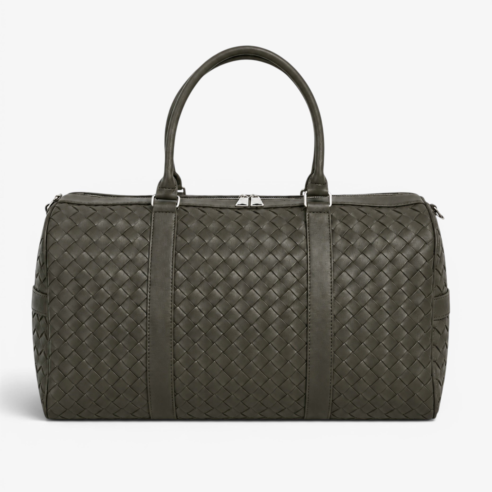 Green woven duffel bag on a white background