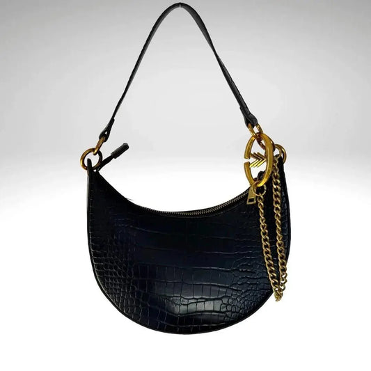 Half Moon Embossed Vegan Purse with Gold Chain and Logo